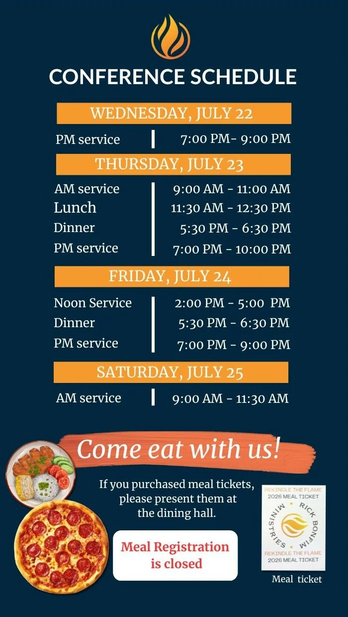 Conference schedule for July 22-25, with meal times and service hours, along with images of food and a meal ticket.