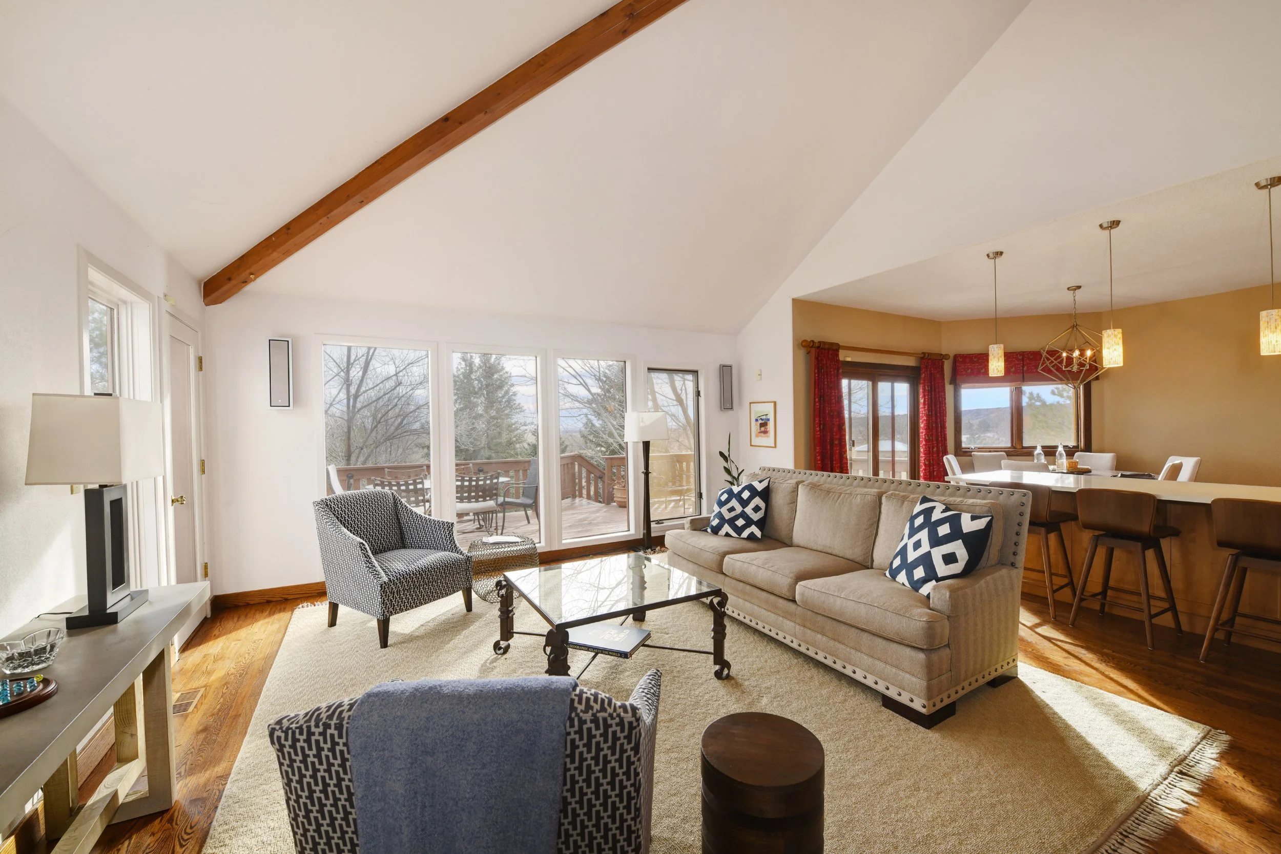 Living room before the redesign with existing furnishings, area rug and window treatments.