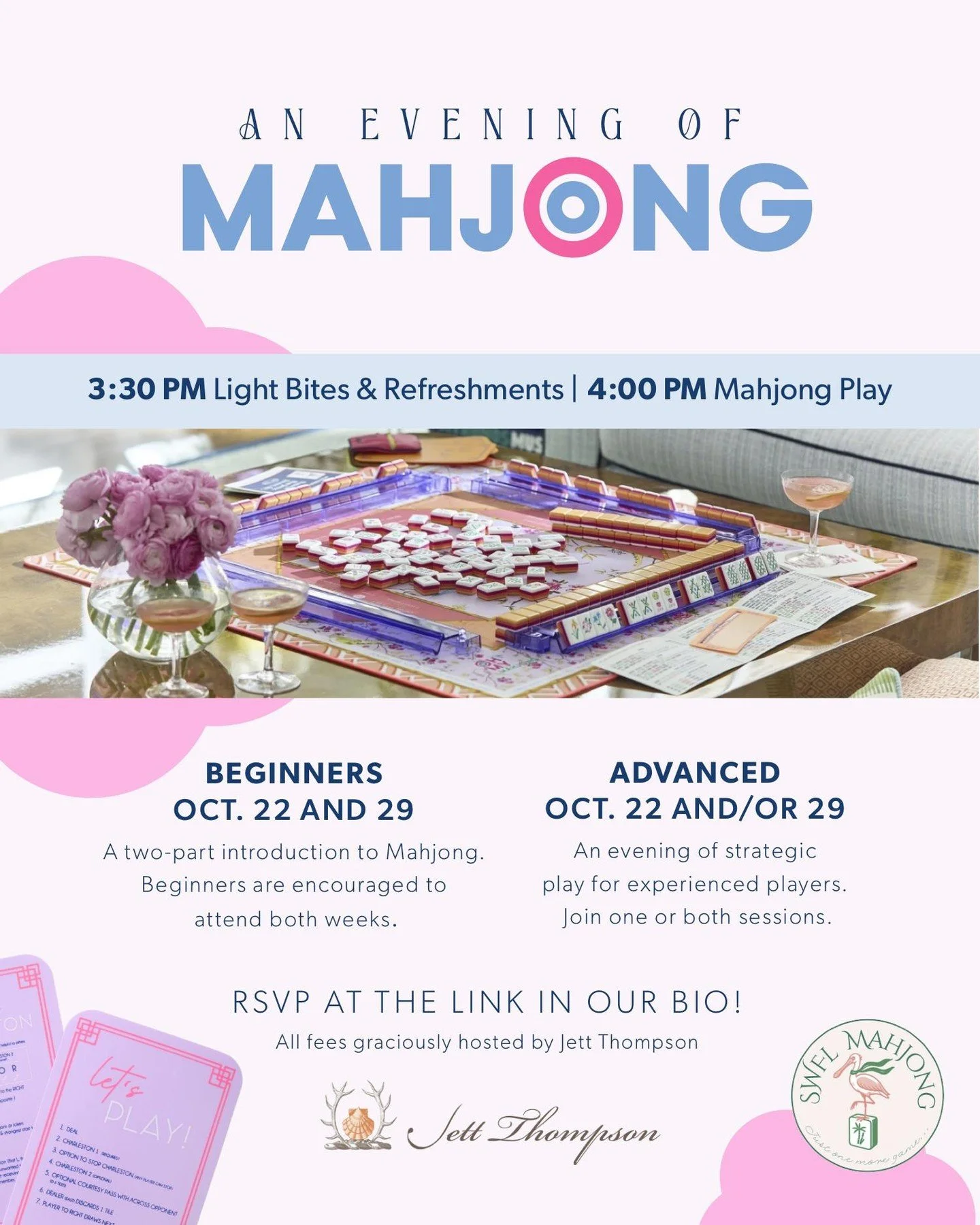 ADDITIONAL SLOTS OPEN!π²π Join us for an evening of Mahjong at Jett Thompson!
Enjoy light bites, refreshments, and a little friendly competition.
π 3:30 PM – Light Bites & Refreshments
π 4:00 PM – Play Mahjong
π² Beginners: Oct.