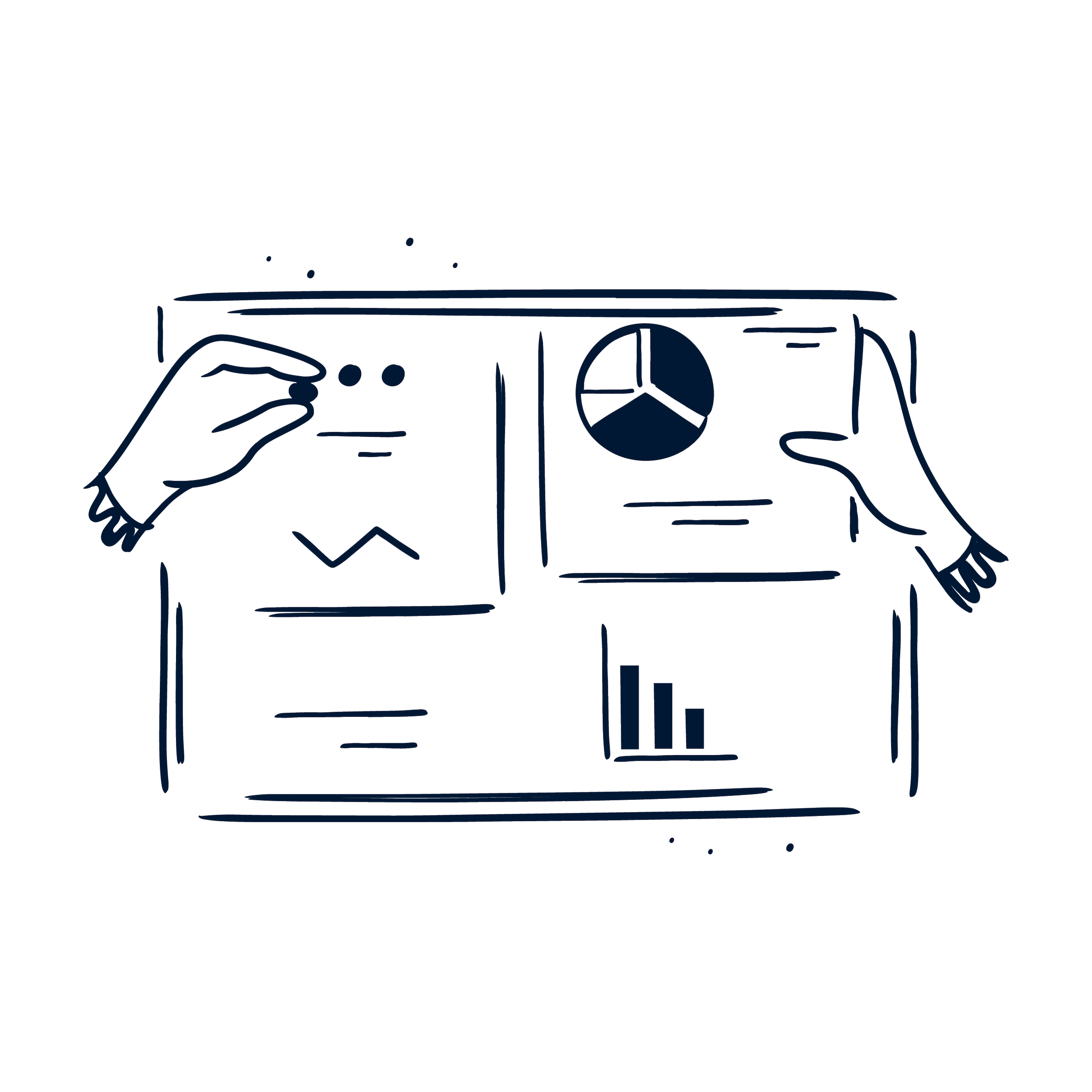 Strongpay payroll hand-drawn illustration of two hands around a desk with charts and graphs displayed, depicting data analysis and presentation.