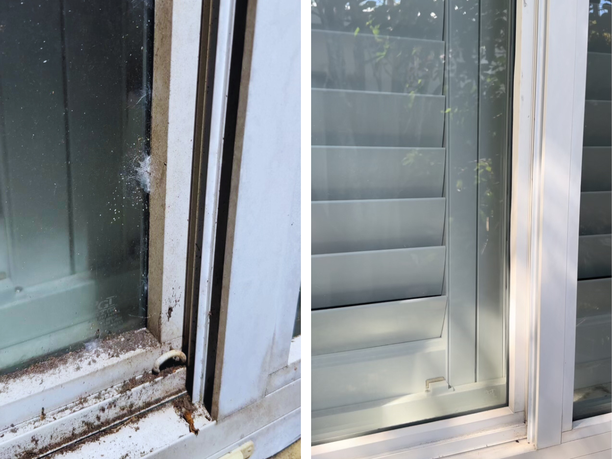 Comparison of a dirty, moldy window and a clean window with shutters