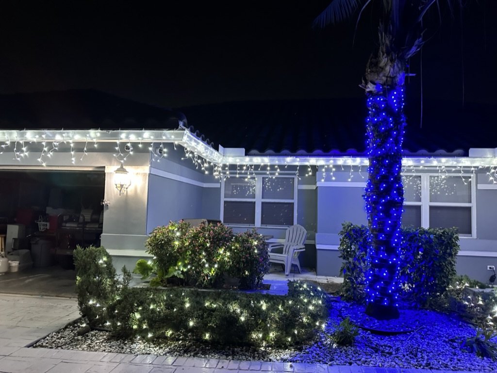 House decorated with white and blue Christmas lights, including icicle lights along the roof, blue lights wrapped around a palm tree, and white lights on bushes. A chair and table are visible on the porch, partially lit by a wall-mounted lantern.