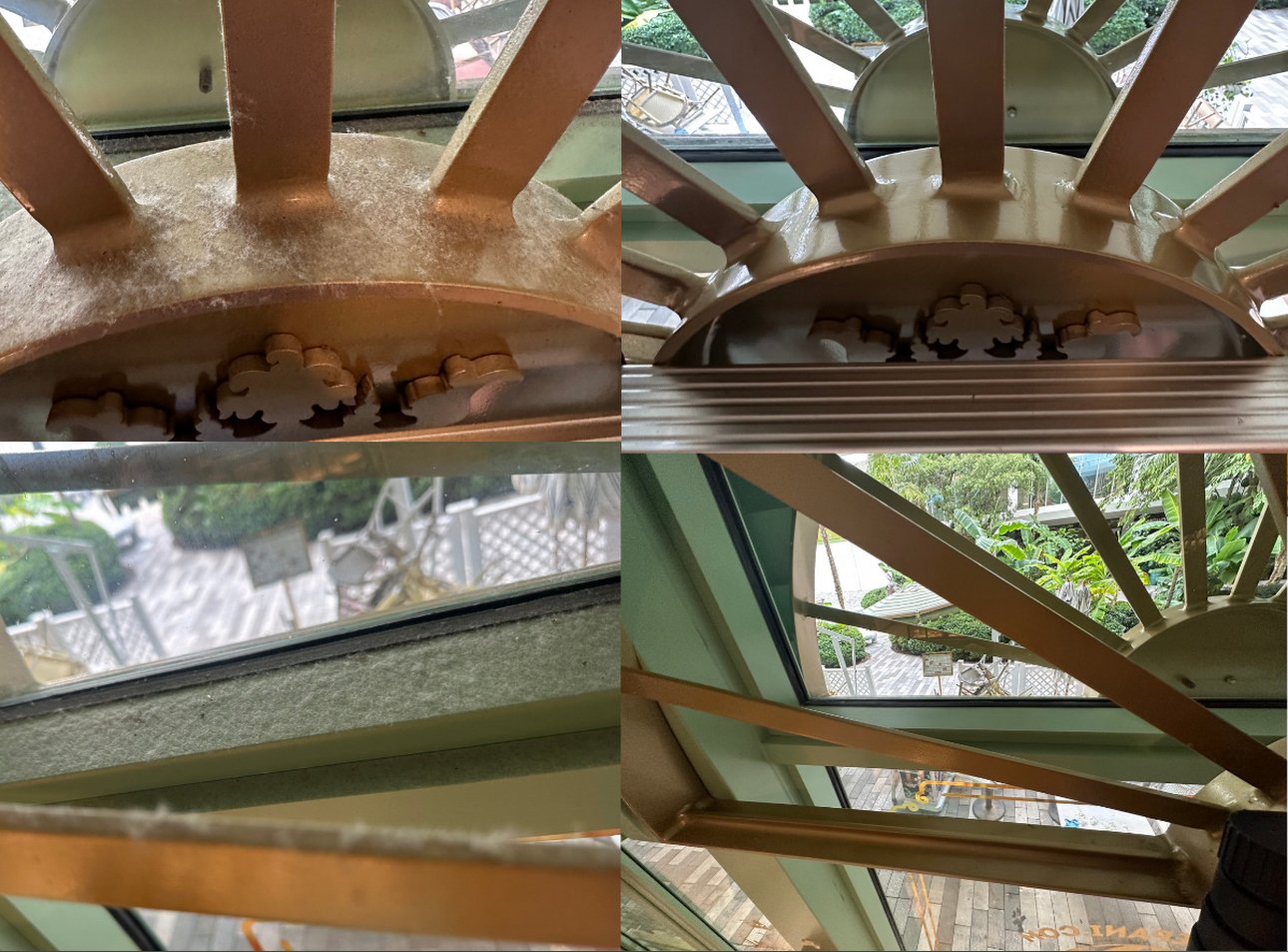 Close-up views of metal and glass architectural features, including a dusty decorative metal arch and beams, with a garden visible outside.