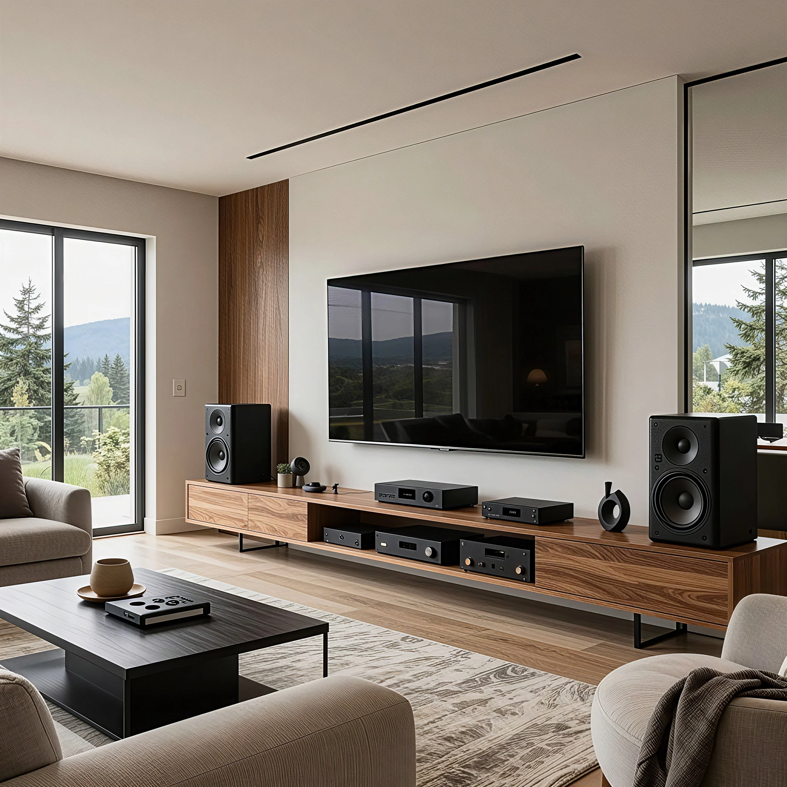 Modern living room with large window, view of outdoors with trees and mountains, beige sofa, black coffee table, flat-screen TV mounted on wall, wooden entertainment unit, audio equipment including speakers and amplifiers, decorated with small potted plants.