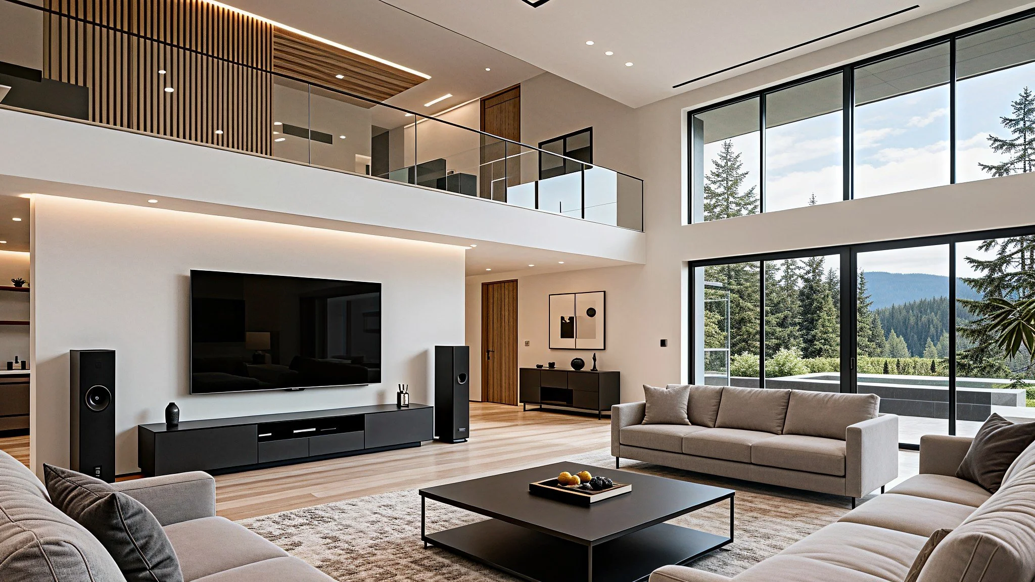 Modern living room with large windows showing a view of trees and mountains, light hardwood floors, white walls, and contemporary furniture including sofas, a black coffee table, and a TV stand, with a high ceiling and open balcony area above.