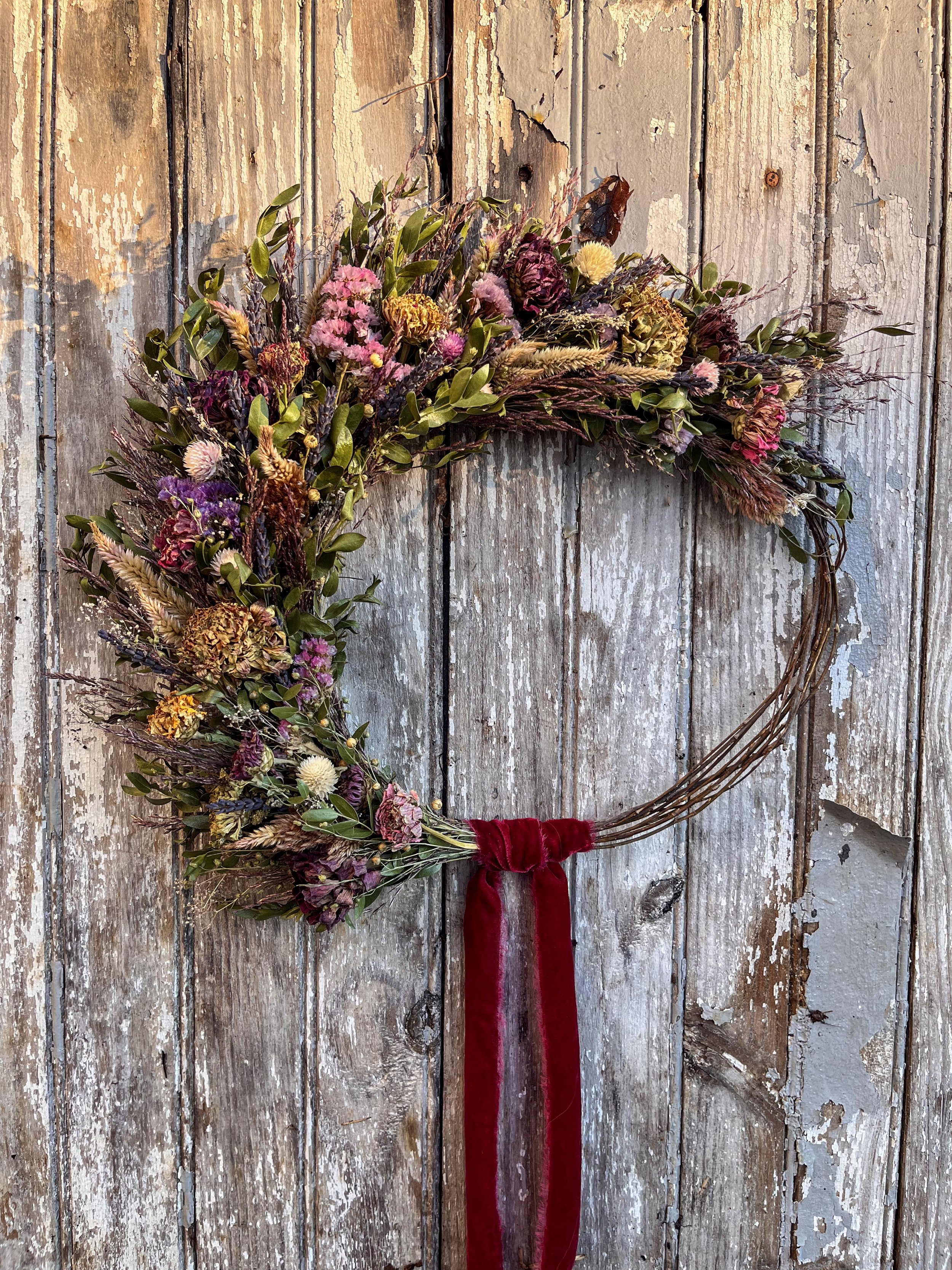 Foraged Zinnia Half-Moon Wreath