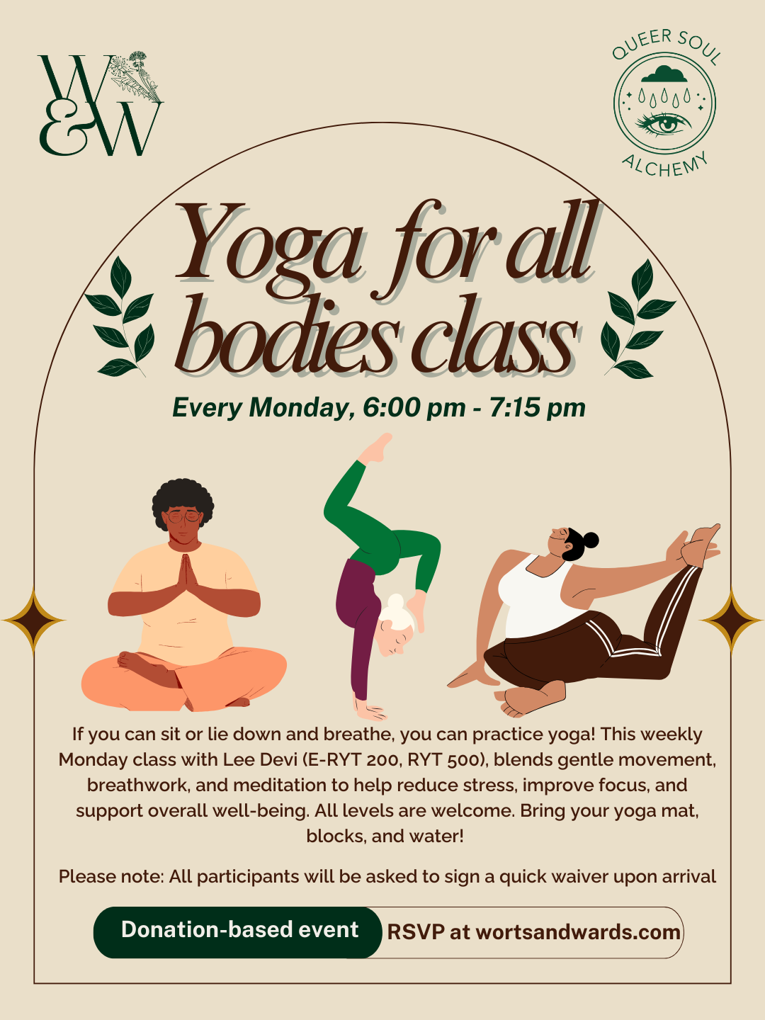 Yoga for ALL Bodies led by Lee Devi, hosted at worts &amp; wards
