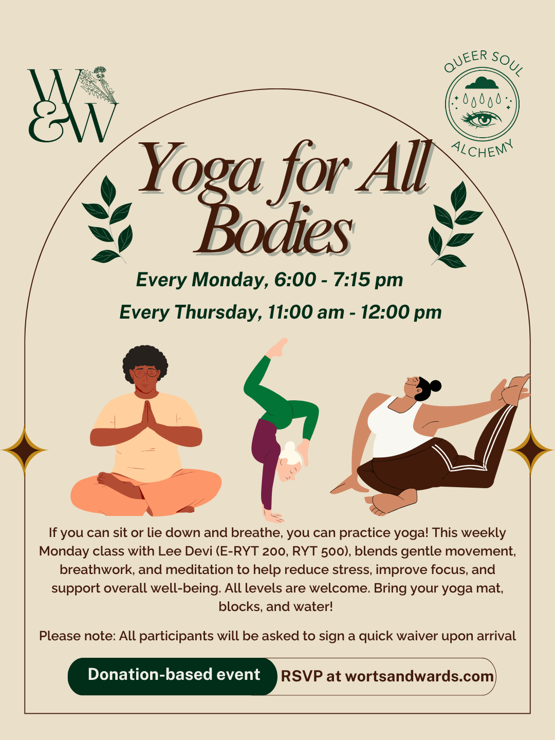 Yoga for ALL Bodies led by Lee Devi, hosted at Worts &amp; Wards 