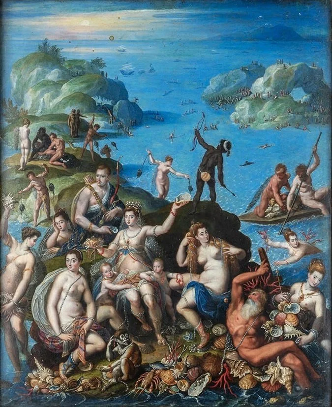 A classical painting depicting mythological figures by a river, including gods, goddesses, and sea creatures, with a landscape background of hills and a distant horizon.