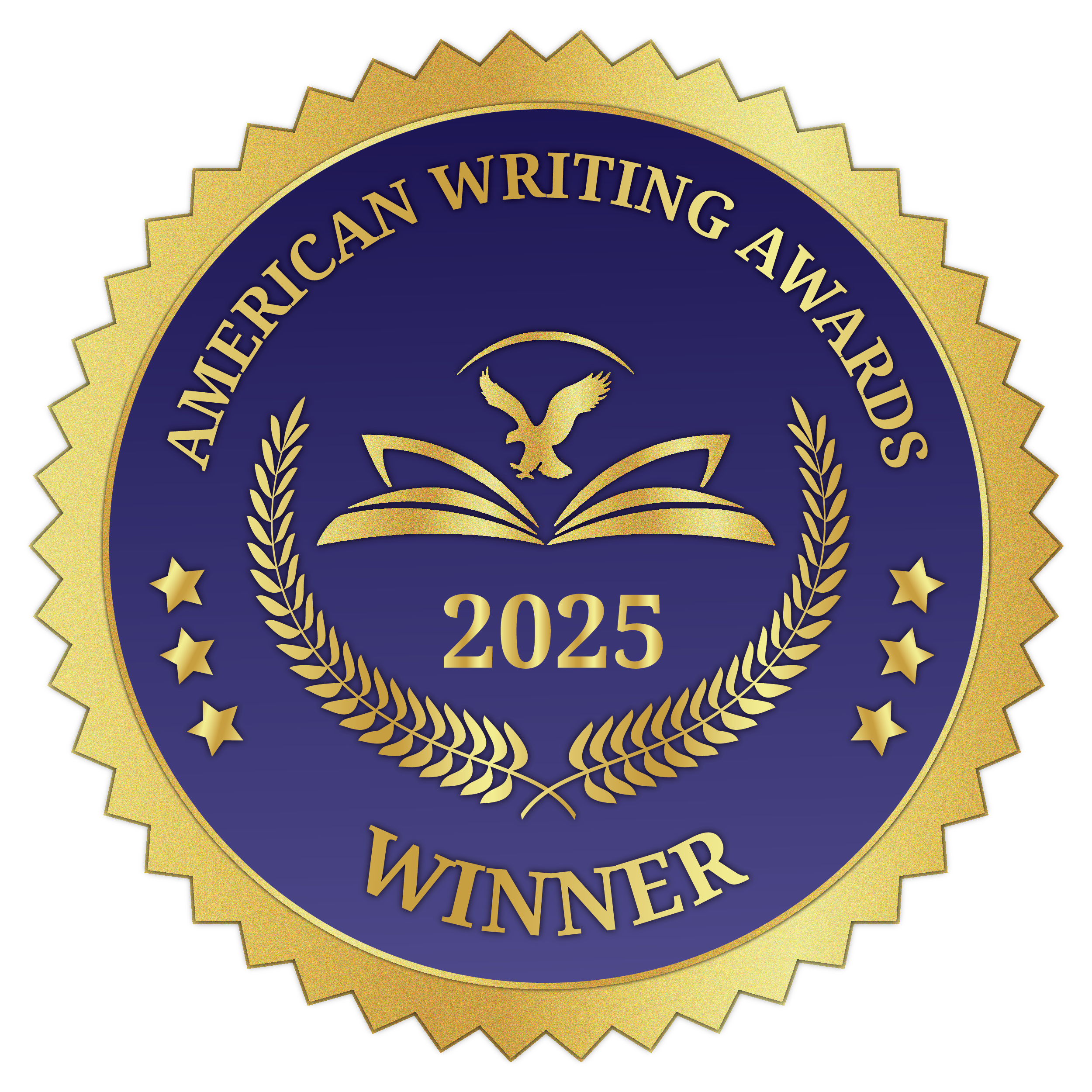 Gold and purple medal with the words "American Writing Award 2025 Winner" and a stylized eagle emblem in the center.