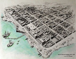 A black and white illustration of a coastal city with buildings along the shoreline, harbor with ships, and a grid-like street pattern.