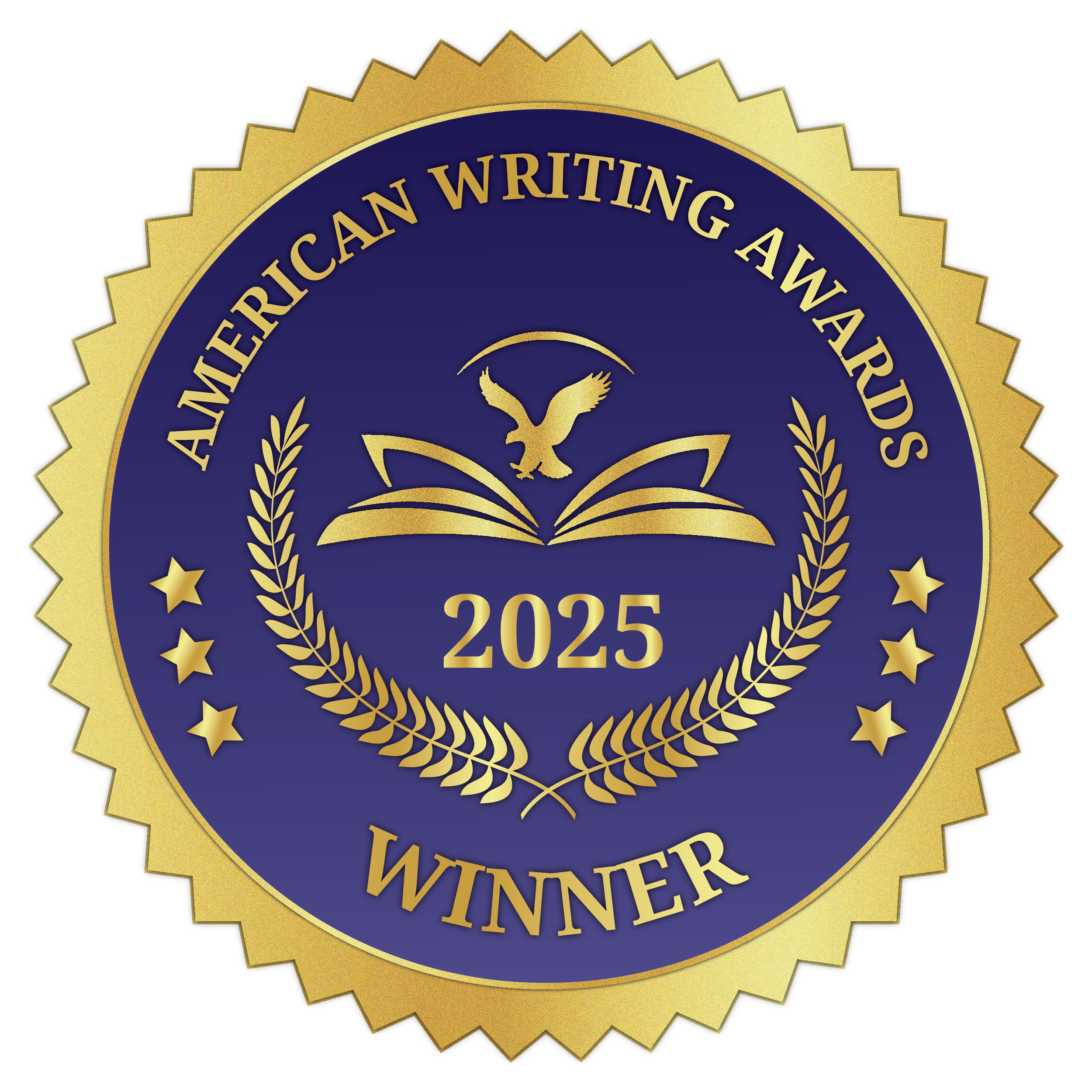 Gold and blue circular award ribbon with the words "2025 Award Winner" and a stylized eagle emblem in the center.