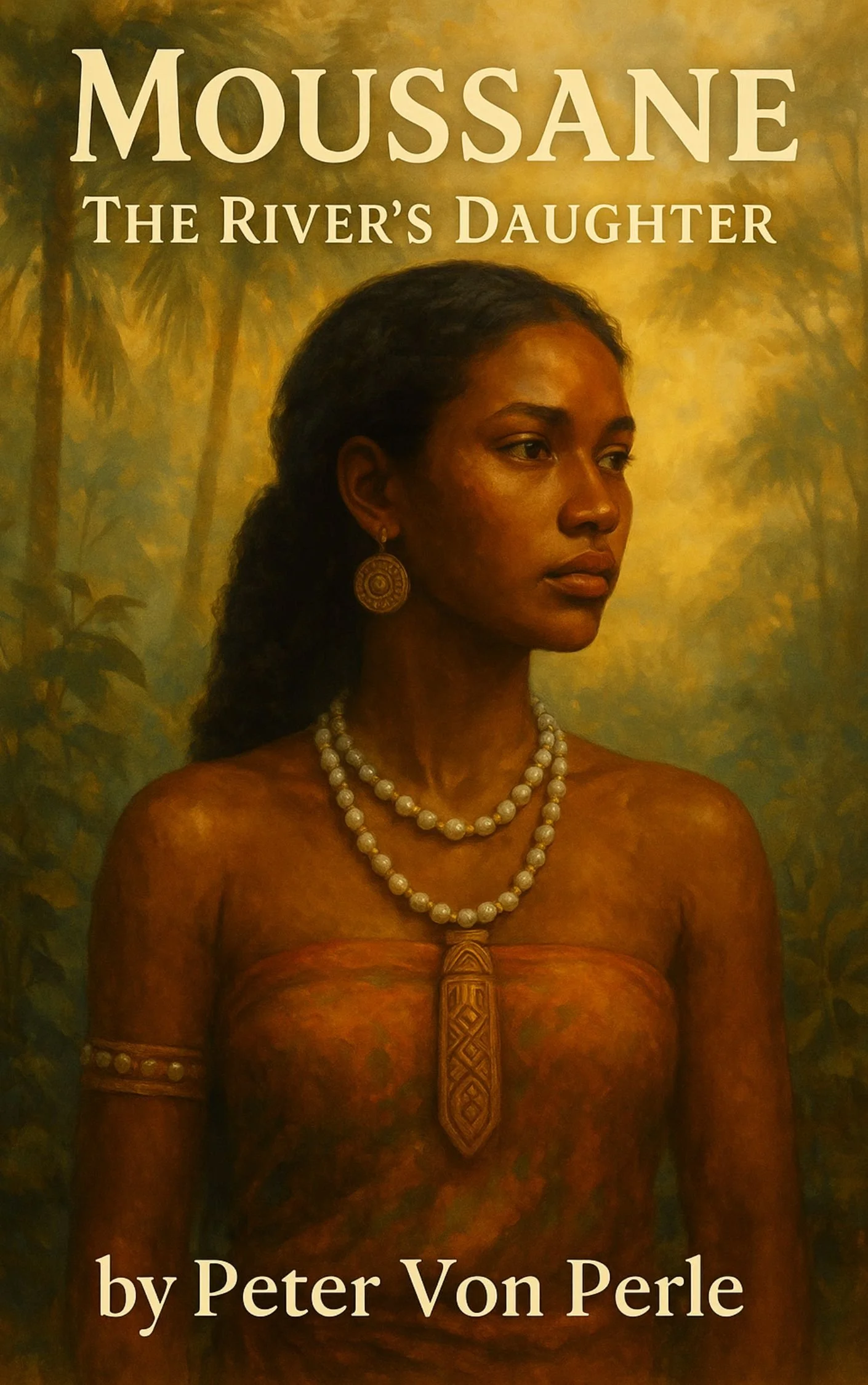 Book cover featuring a portrait of a woman with dark skin, adorned with pearl jewelry, against a background of trees and yellow-green foliage, titled "Moussane: The River's Daughter" by Peter Von Perle.