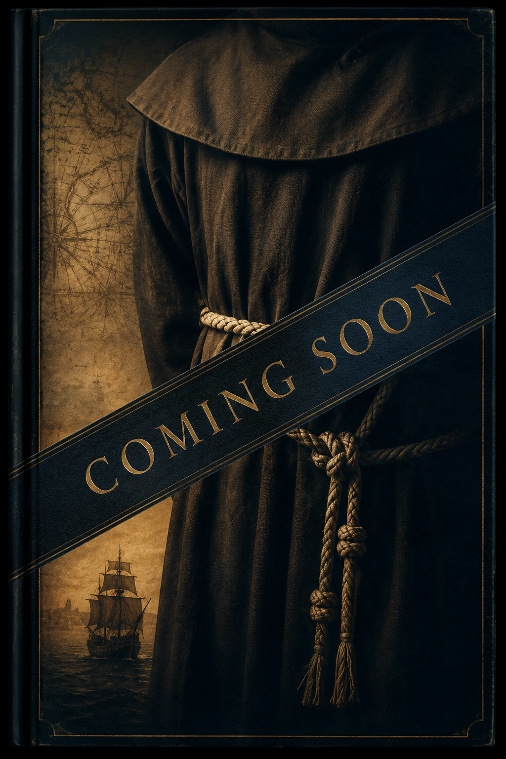 A book cover featuring a person in a dark robe with a rope tied around the waist. The background has an old map and a sailing ship. A diagonal banner across the cover reads 'COMING SOON' in gold letters.