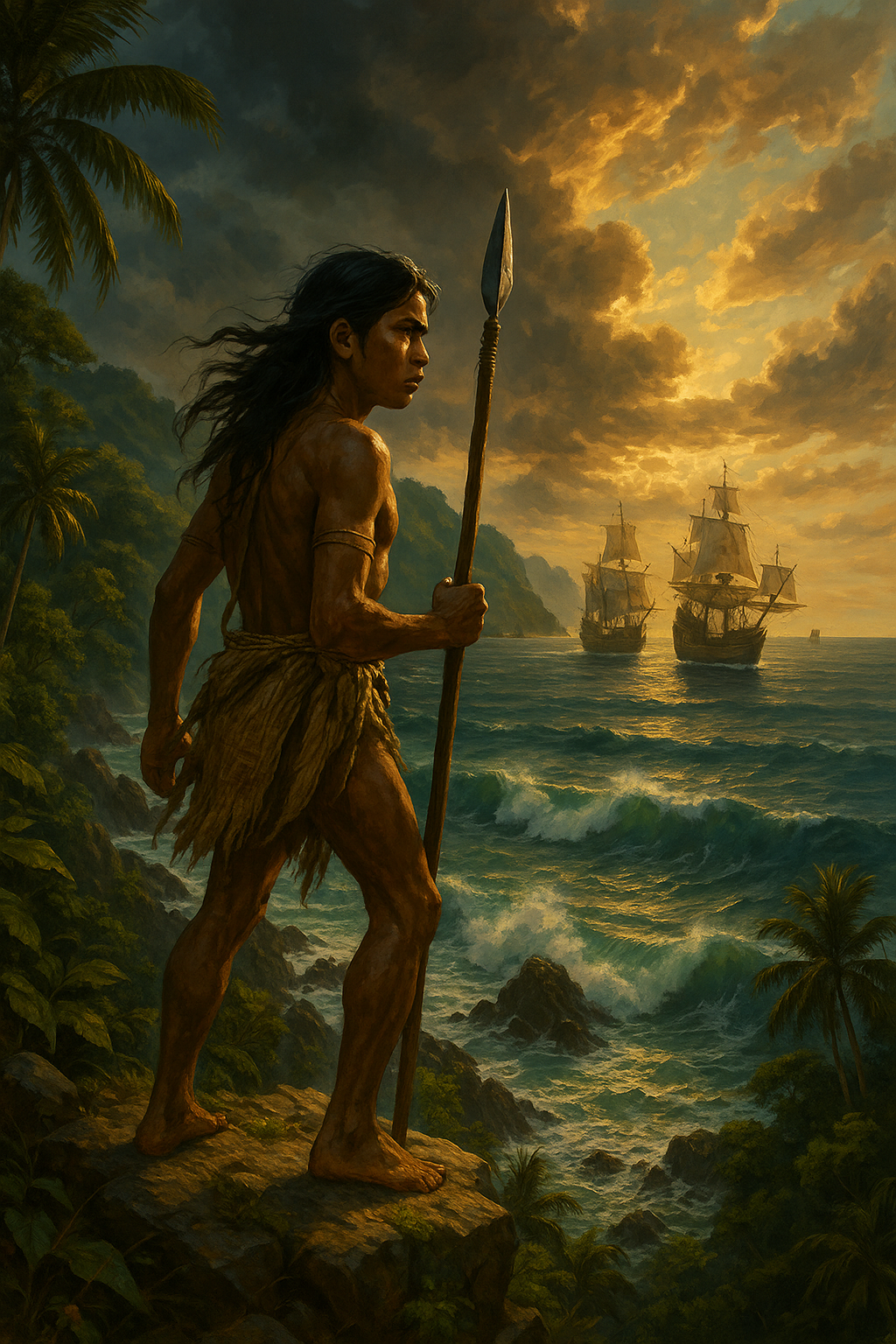 A native man standing on a rocky coastline holding a spear, with ships sailing on the ocean at sunset behind him.