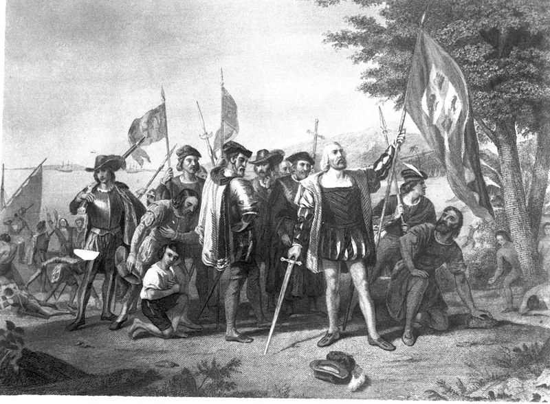 Historical black-and-white illustration of a group of colonial or revolutionary era soldiers and civilians, with a man holding a flag and sword at the front, and other individuals standing or kneeling, near trees; background shows a campsite or battle scene.
