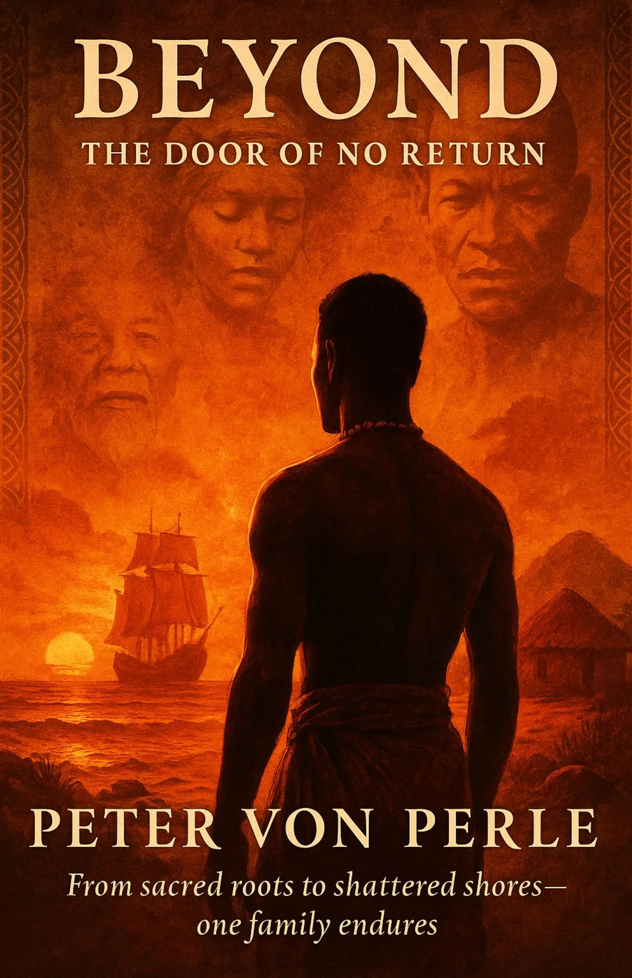 Book cover titled 'Beyond: The Door of No Return' by Peter Von Perle. The cover features a silhouette of a person with a sunset over the ocean, a sailing ship, and faint portraits of three individuals in the background.