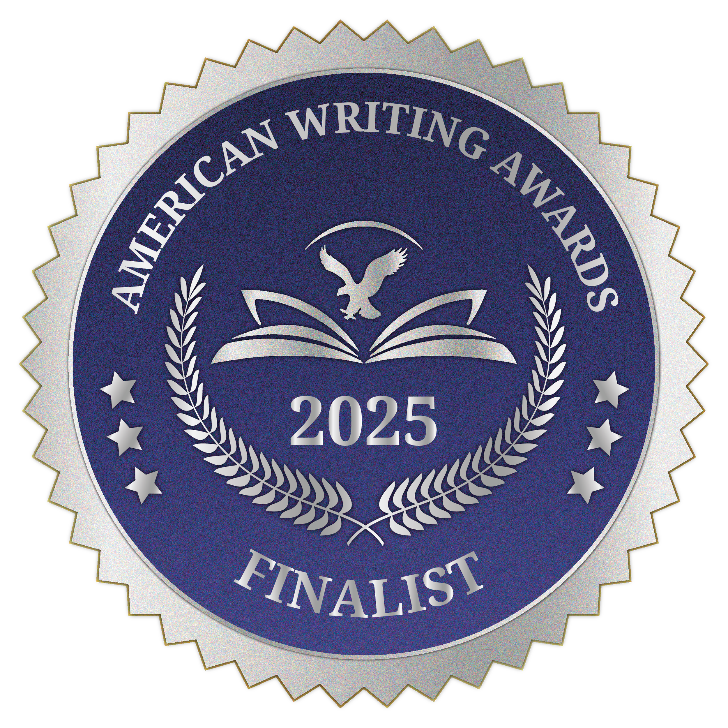Seal with text 'American Writing Awards 2025 Finalist' and a red ribbon at the bottom.