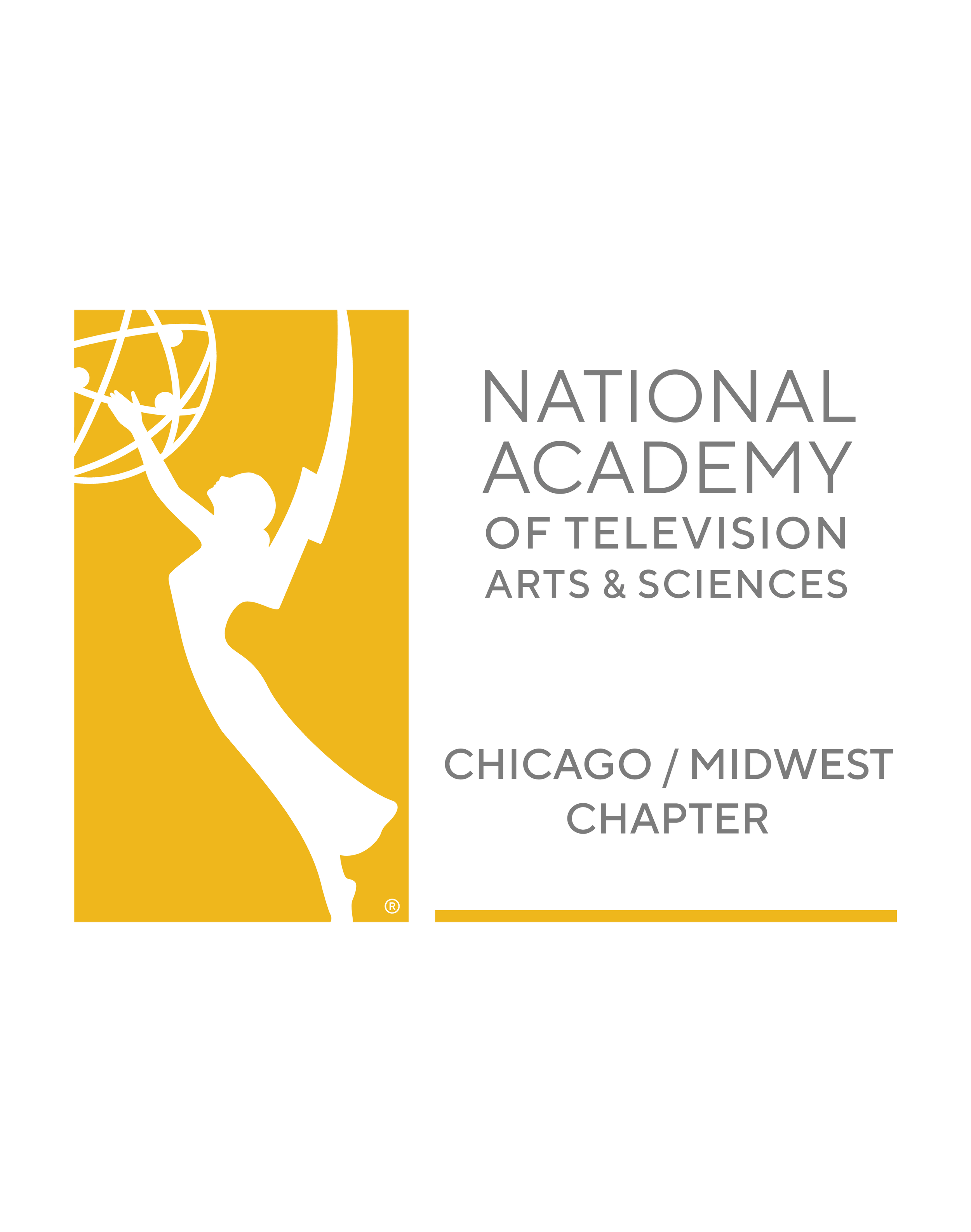 Logo for the National Academy of Television Arts & Sciences, Chicago / Midwest Chapter, featuring a silhouette of a woman holding a globe, with black, yellow, and gray colors.
