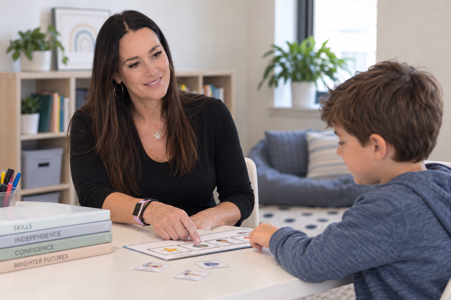 A BCBA conducts an activity with a child in Boston, MA as part of ABA therapy
