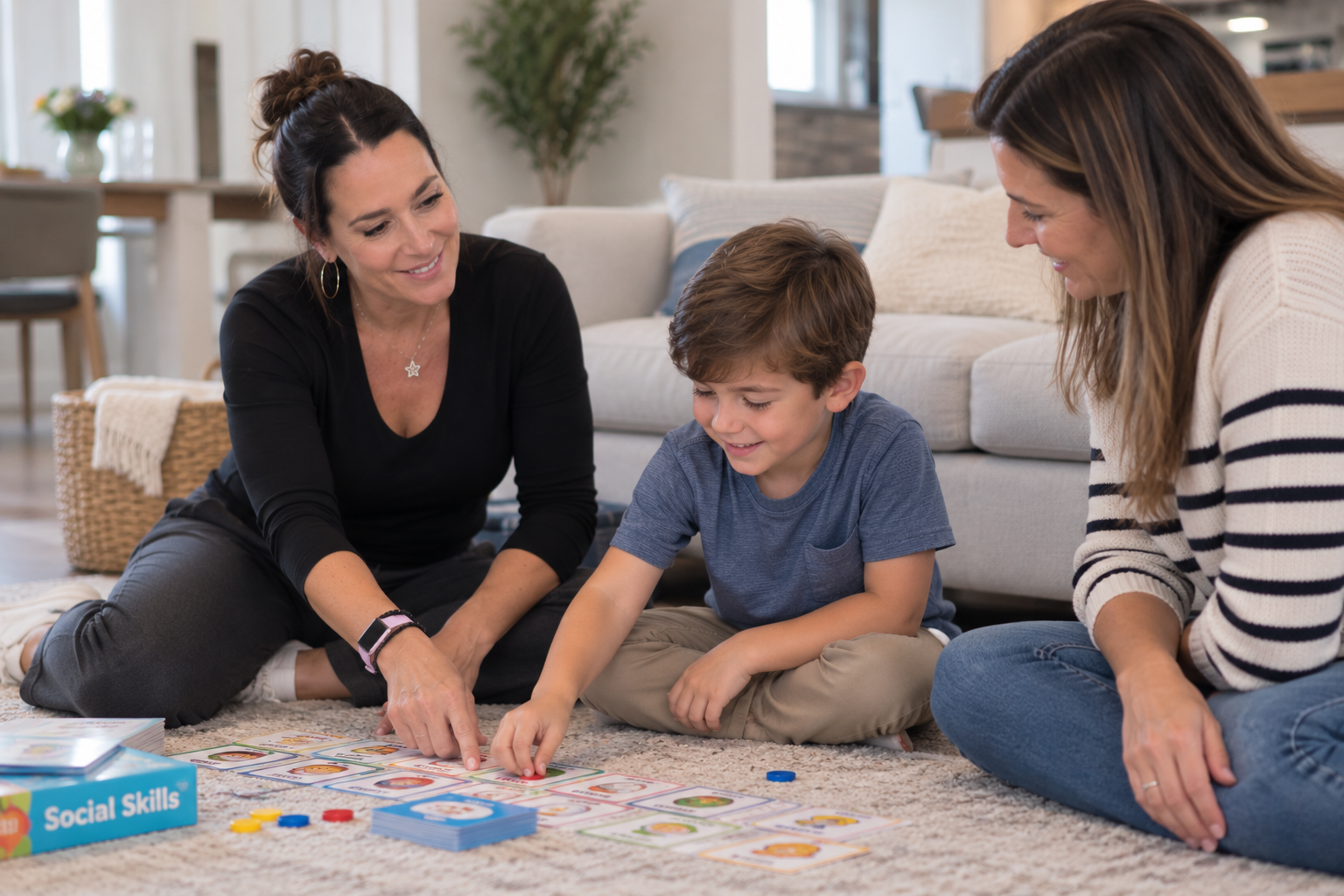 A BCBA conducting parent training with a Mother and child in Boston, MA