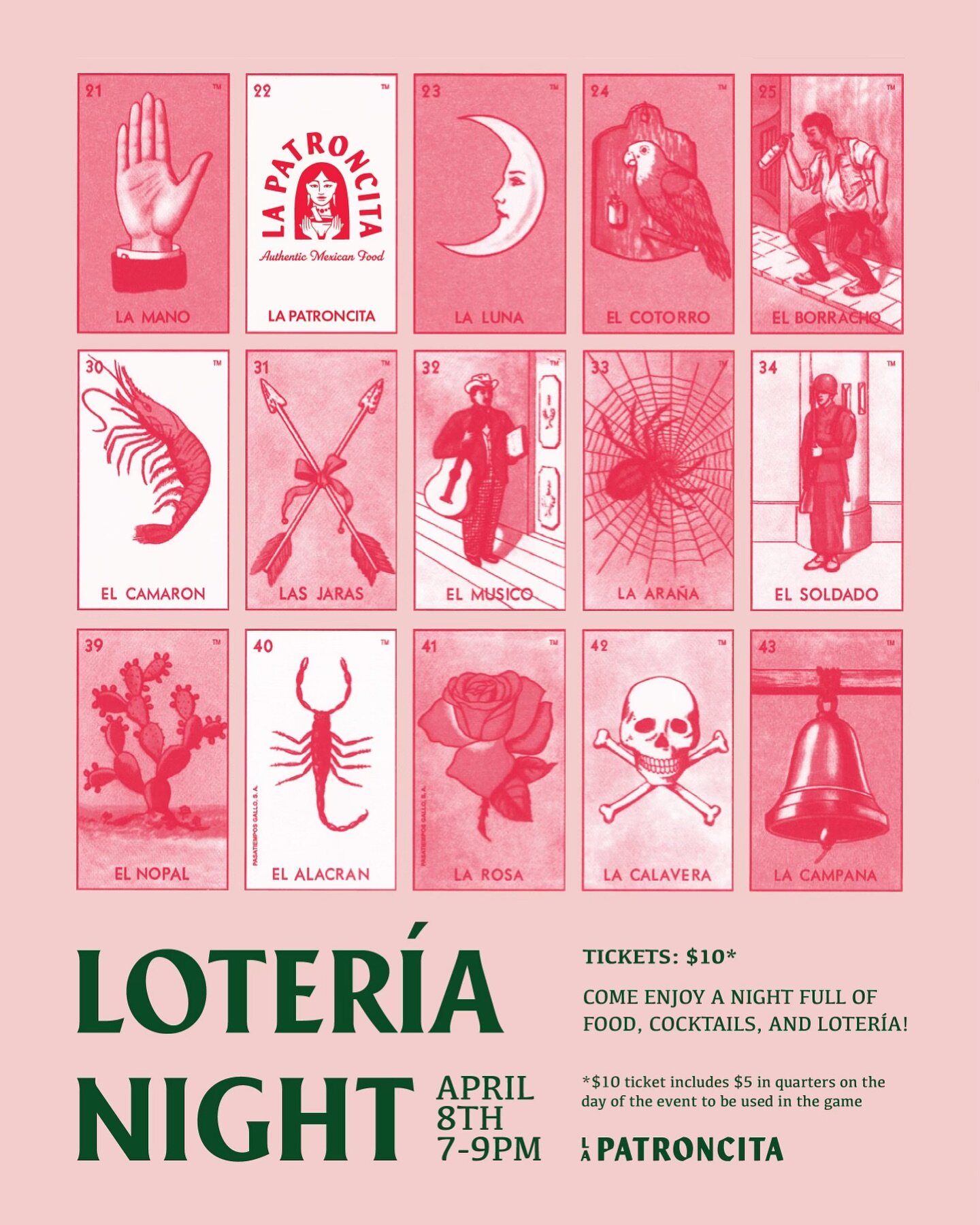 we are excited to announce that we are hosting our very first Loter&iacute;a night on Monday April 8th from 7-9 !! 
Click on the link in our story to buy a ticket. Tickets are $10 and it includes $5 of quarters on the day of the event to be used in t