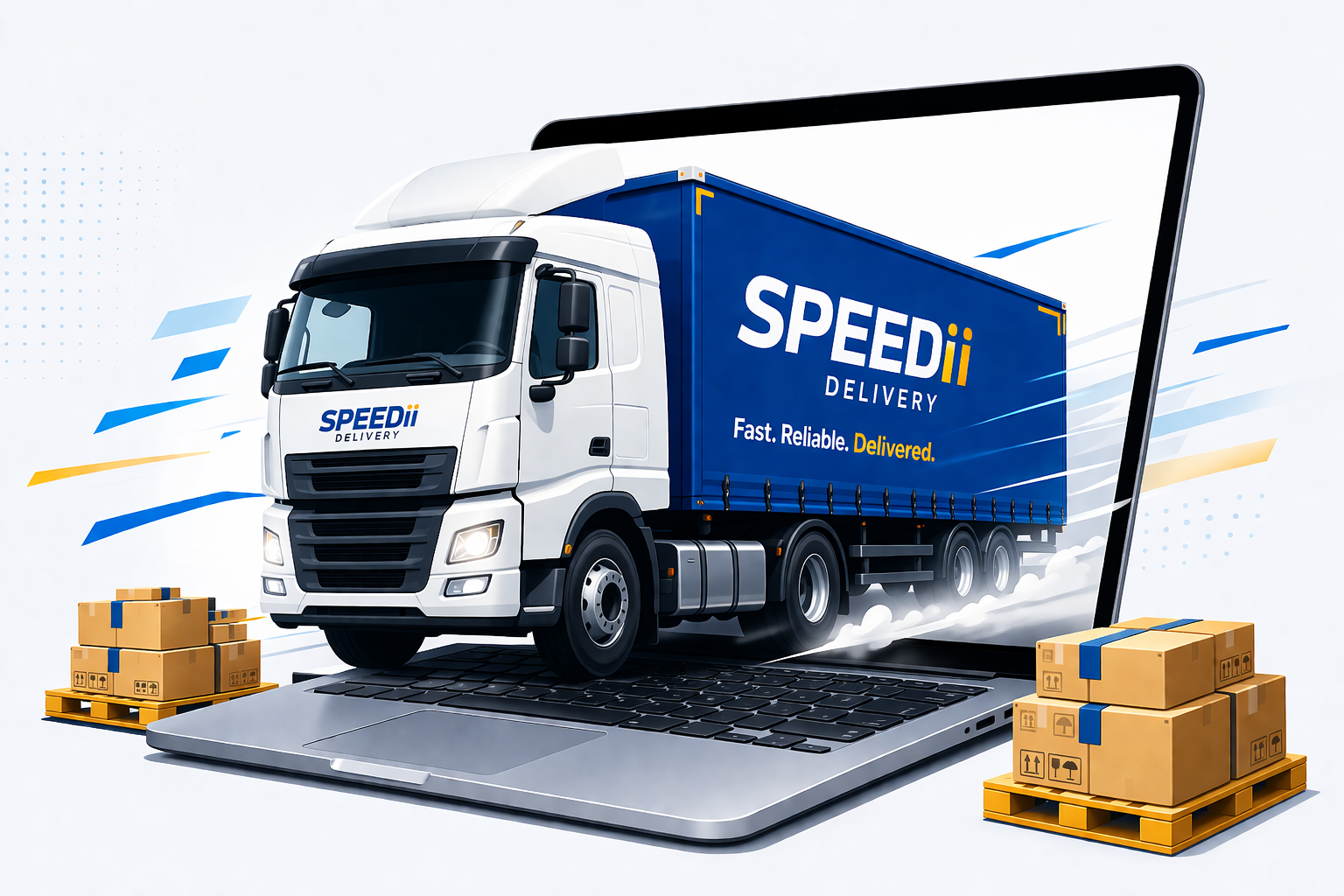A delivery truck emerging from a laptop screen, surrounded by packages on pallets, illustrating online delivery services.
