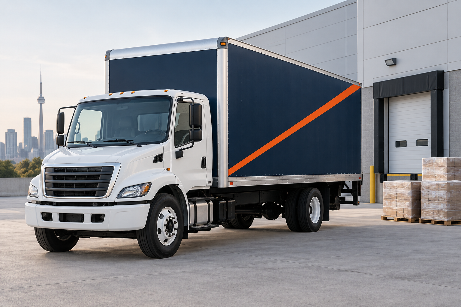 Illustration of a straight truck and pallet freight at an Ontario loading dock.