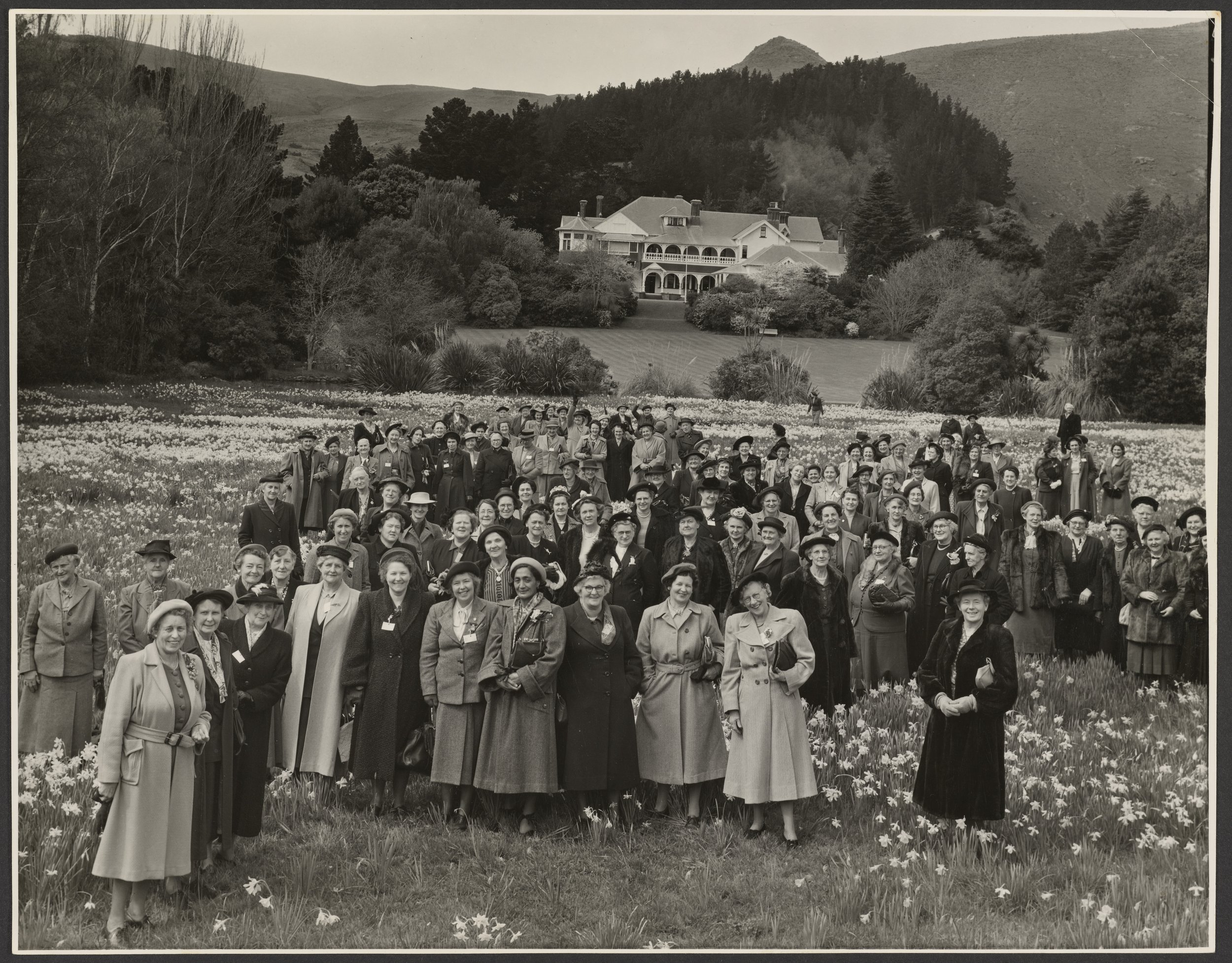 Large group of Otago Branch members in a field of daffodils at Otahuna Lodge, Tai Tapu, Selwyn