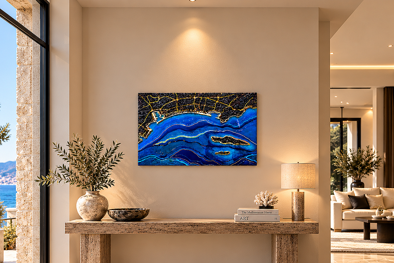 **Golden Bay — A sculptural vision of the Mediterranean**

Inspired by the coastline of Cannes, *Golden Bay* brings together deep ocean blues, luminous turquoise, dark obsidian and delicate gold detailing. Its sculptural relief captures the meeting o