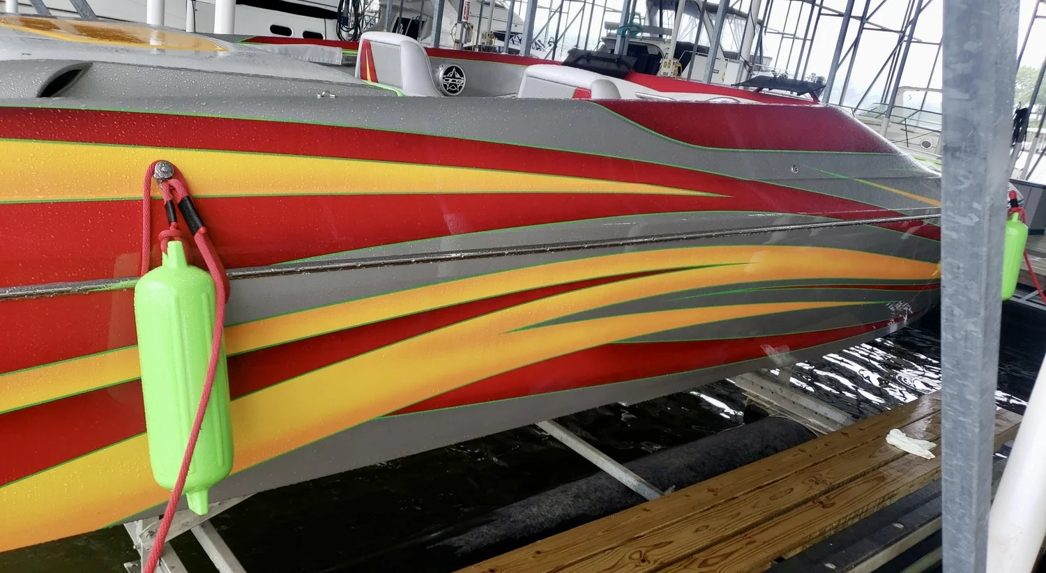 Close-up of custom flame graphics on a finished hull