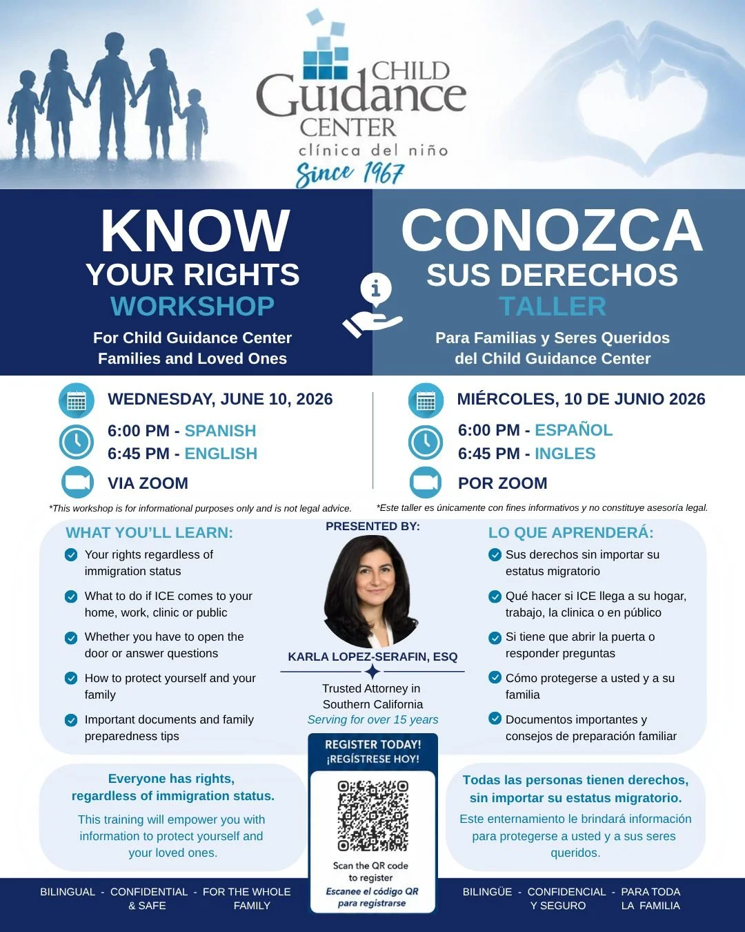 📢 SAVE THE DATE 📢
Join us for our upcoming bilingual &ldquo;Know Your Rights&rdquo; Workshop designed for families and loved ones in our community. 💙
 
🗓 Wednesday, June 10, 2026
🕕 6:00 PM &ndash; Spanish
🕡 6:45 PM &ndash; English
💻 Via Zoom
T