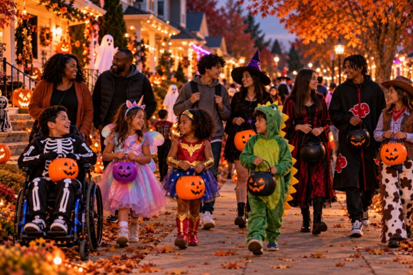 Family and friends dressed in costumes on Halloween trick-or-treating