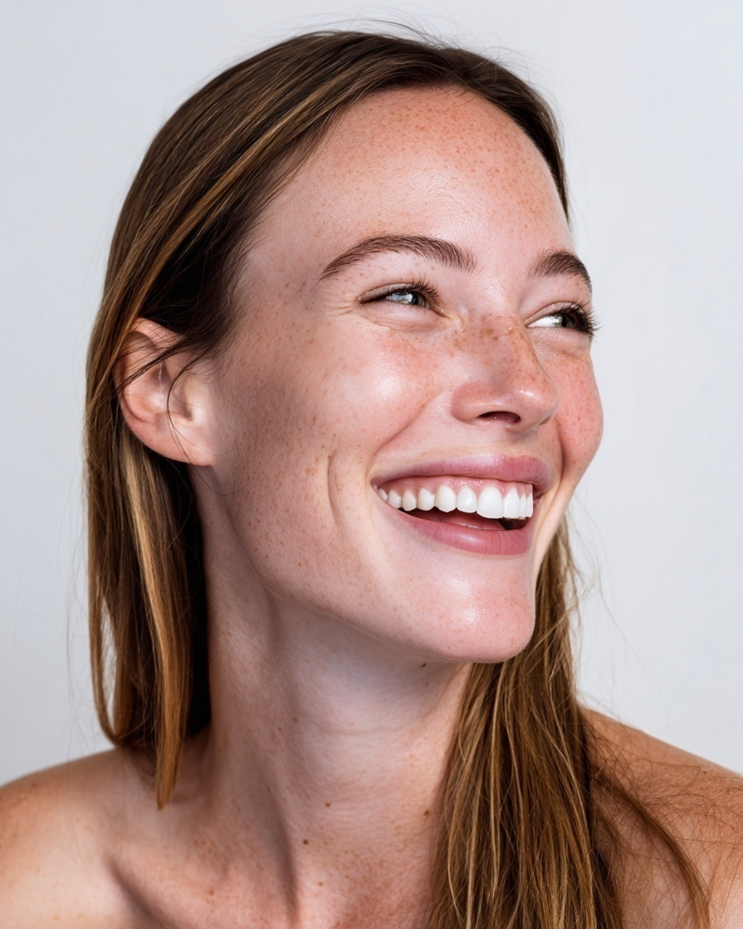 Close-up of a woman with red hair and freckles, smiling and looking to her right, against a neutral background