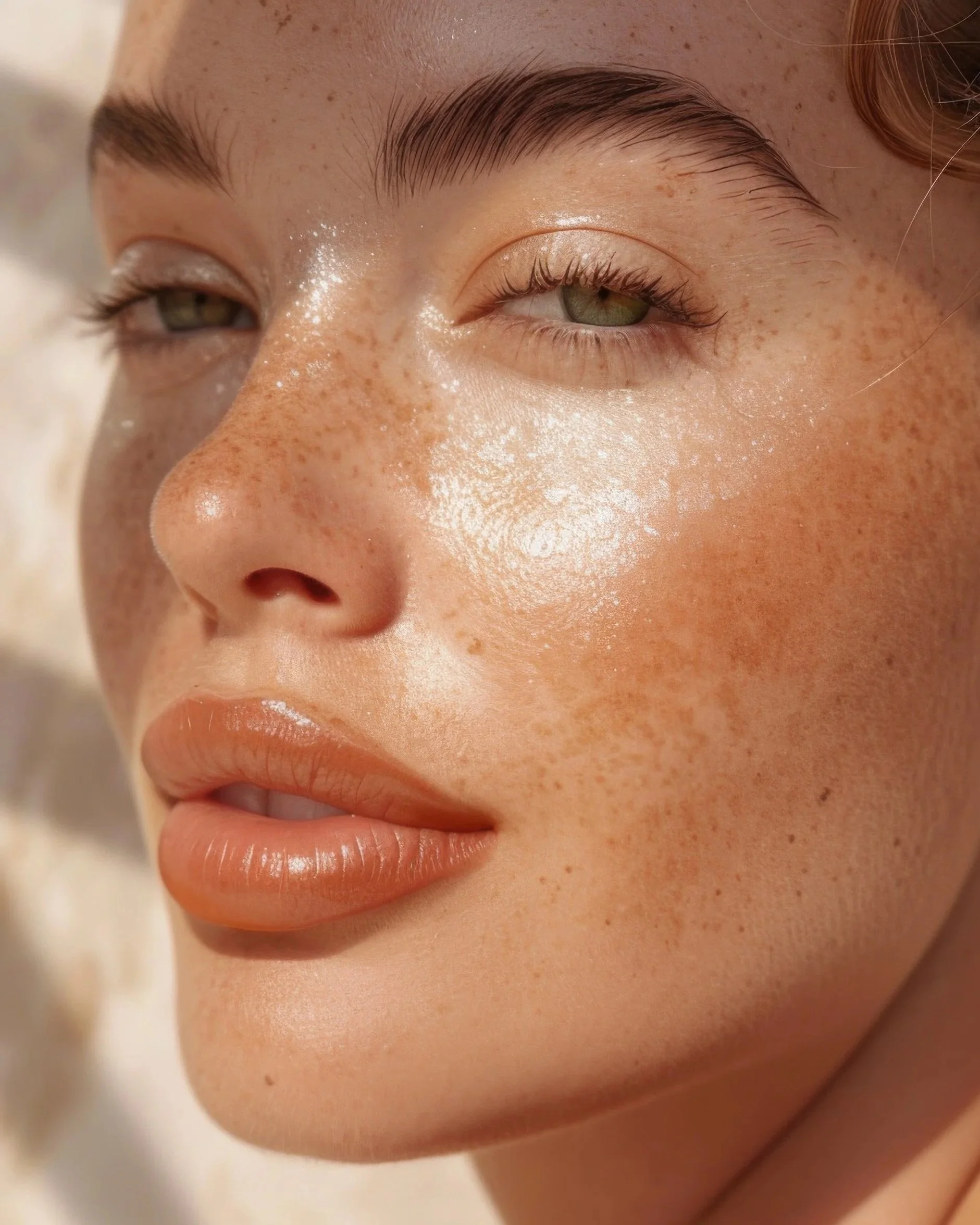 Close-up of a woman's face showing her light skin, freckles, green eyes, and glossy lips.