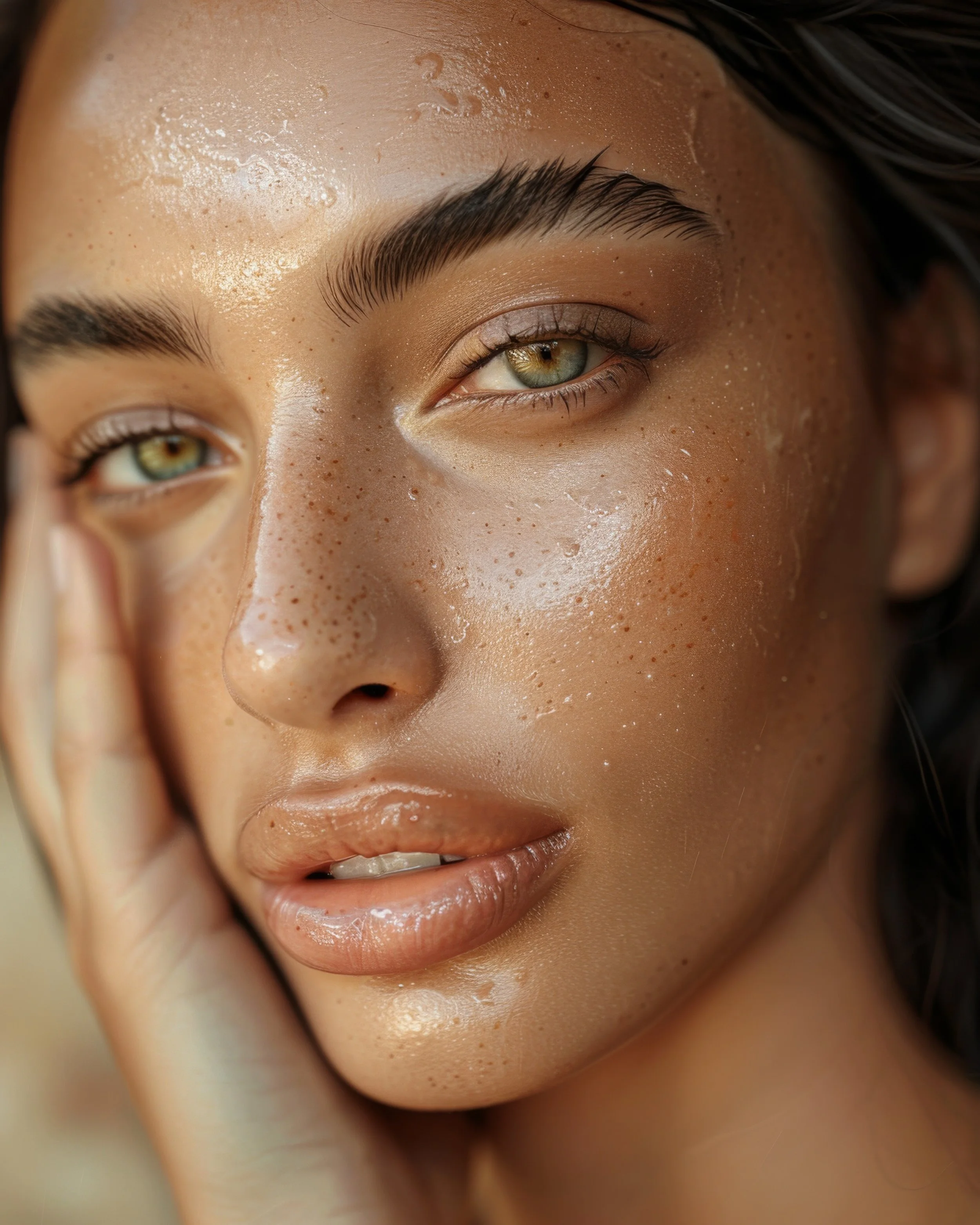 Close-up of a woman's face with water droplets on her skin, showing her green eyes, well-groomed eyebrows, and glossy lips, touching her cheek with her hand.