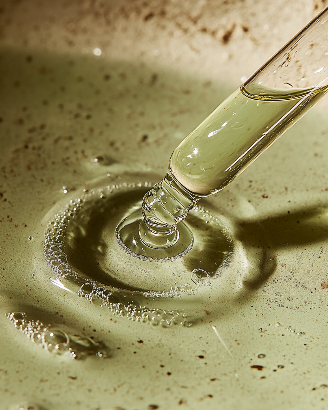 A pipette dispensing a clear liquid into a container, creating bubbles and ripples on the surface.