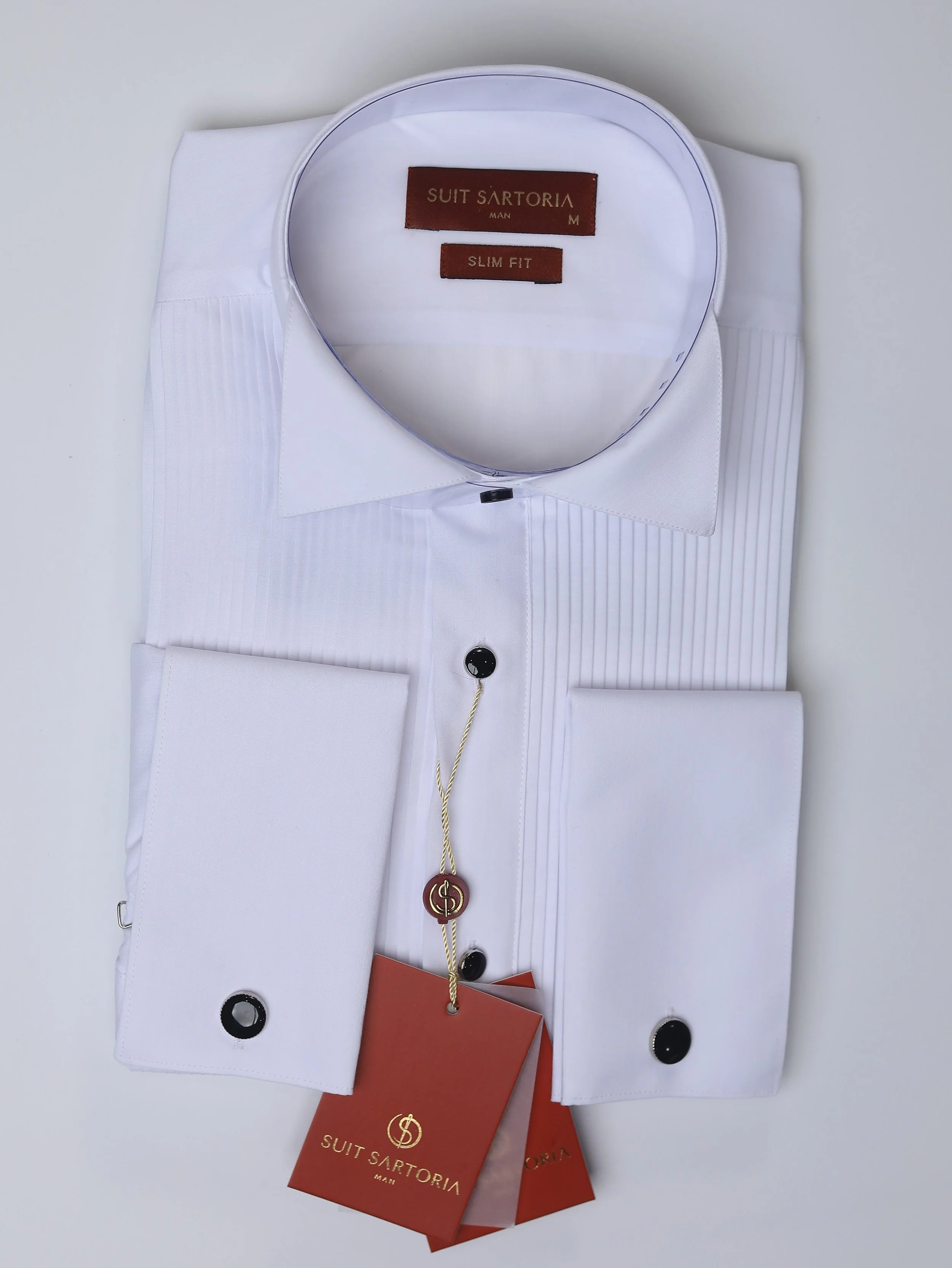 SUIT SARTORIA White Slim-Fit French Cuff Tuxedo Pleated Dress Shirt with Cufflinks & Studs