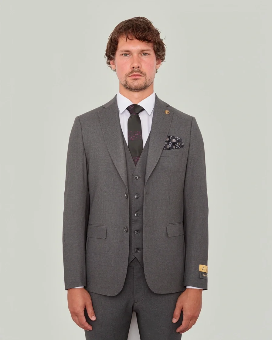 Men's gray suit, white shirt, and matching tie.