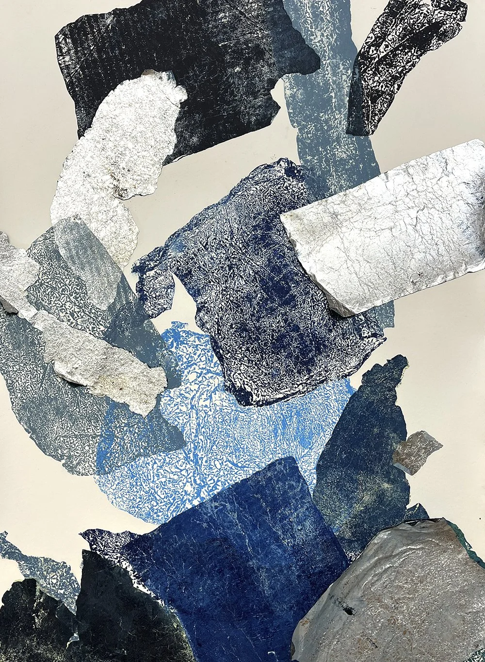   Foiled Again no.3 (2025)   Mixed media: found object monotype, aluminum foil collage; ink on paper, mounted on panel. 30” x 22”    Foiled Again no.3  is part of the Minimal Impact series. 