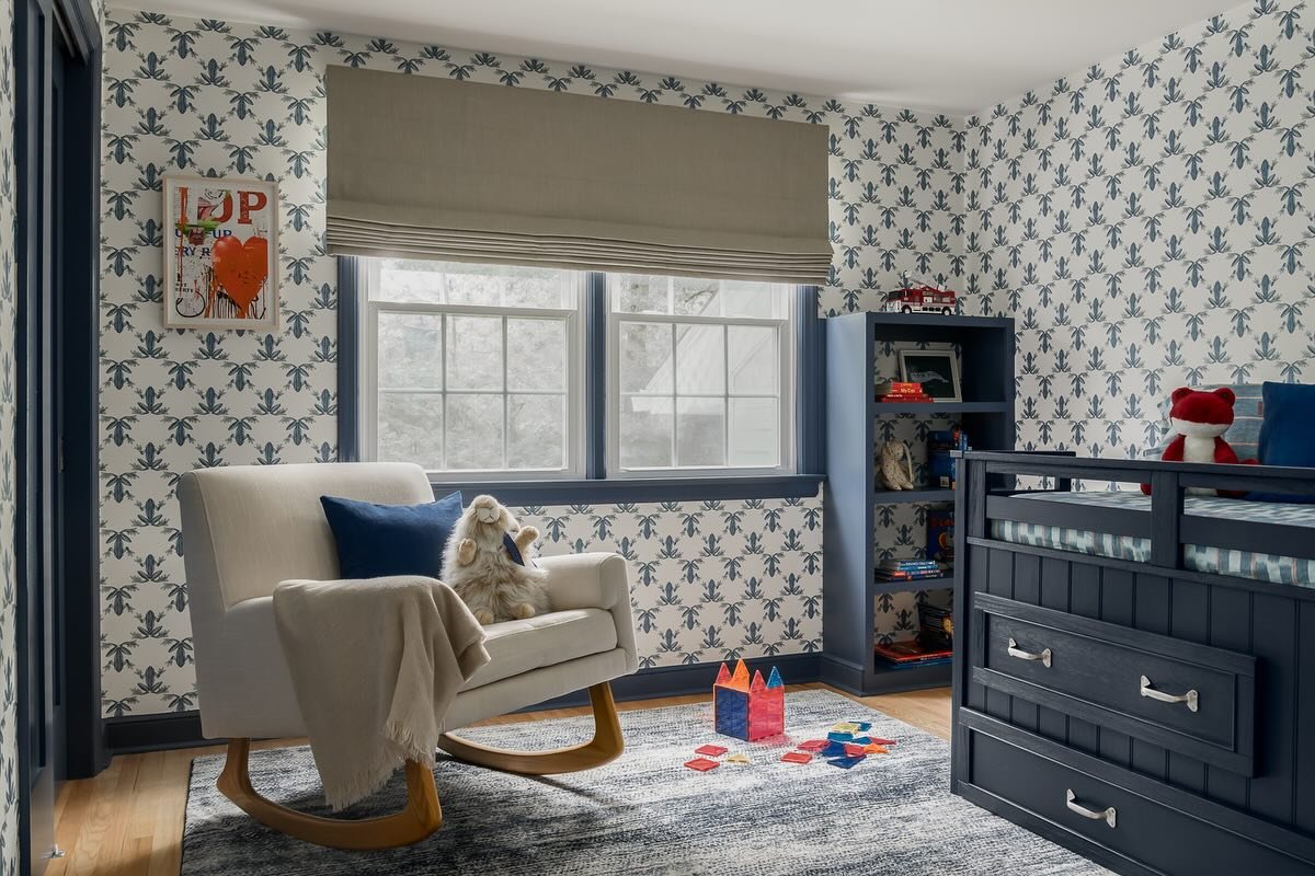 Before and after&hellip;this boys room transformation speaks for itself.  Frog wallpaper, navy trim, and just the right dose of red make this space as fun as it is considered.

Design: @kr_interior_design_studio 
Photography: @meghanbalcomphotography