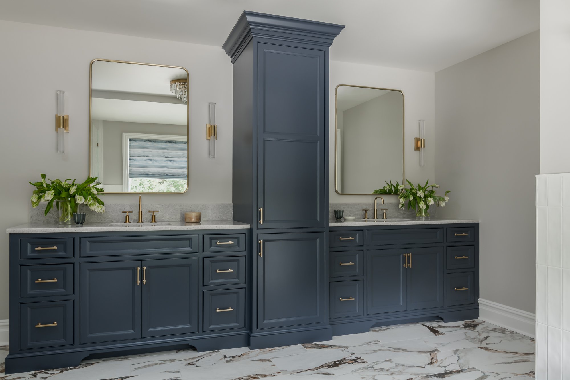 vanity in luxurious primary bathroom in Chatham, NJ