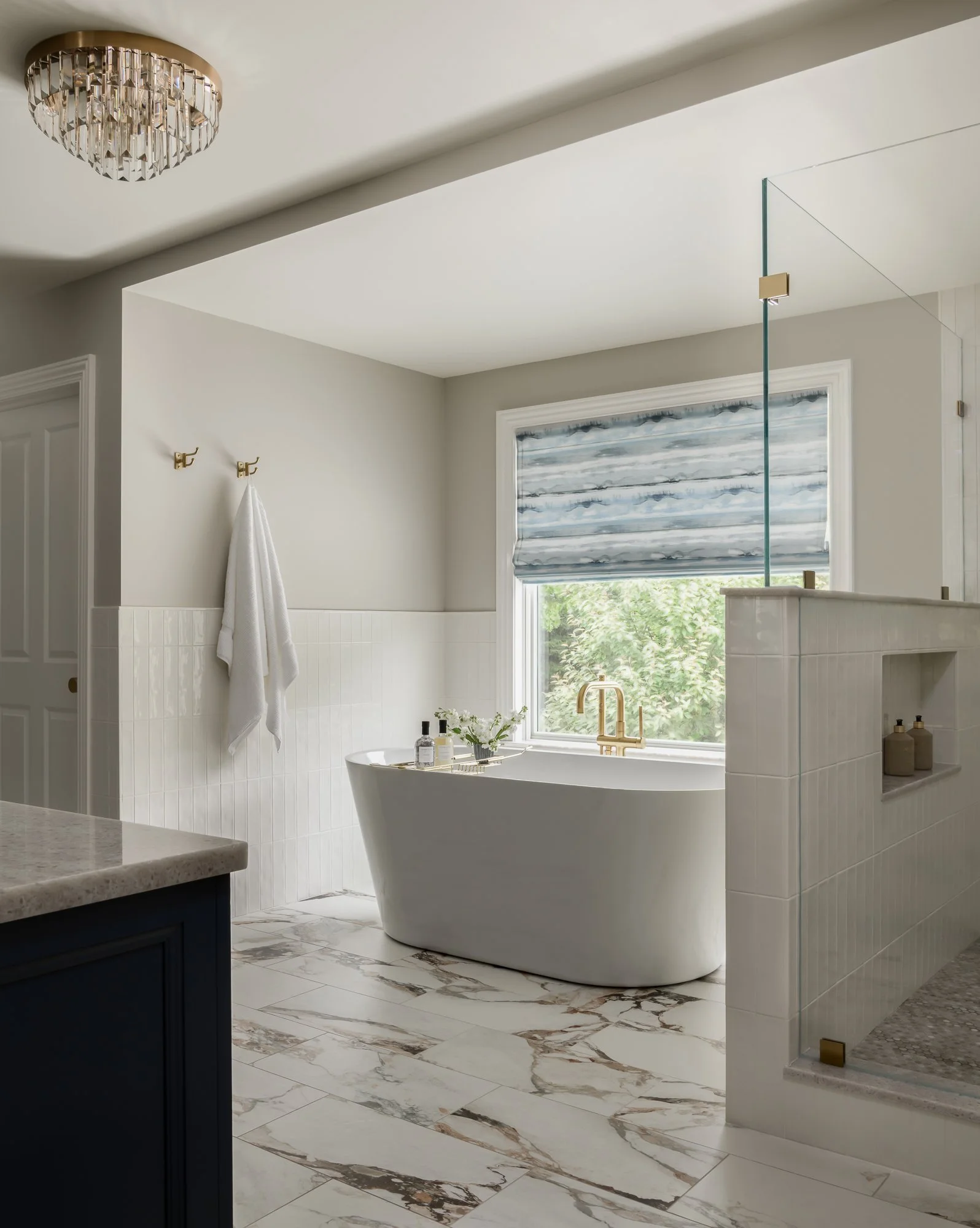 Refined, luxurious primary bathroom in Chatham, NJ