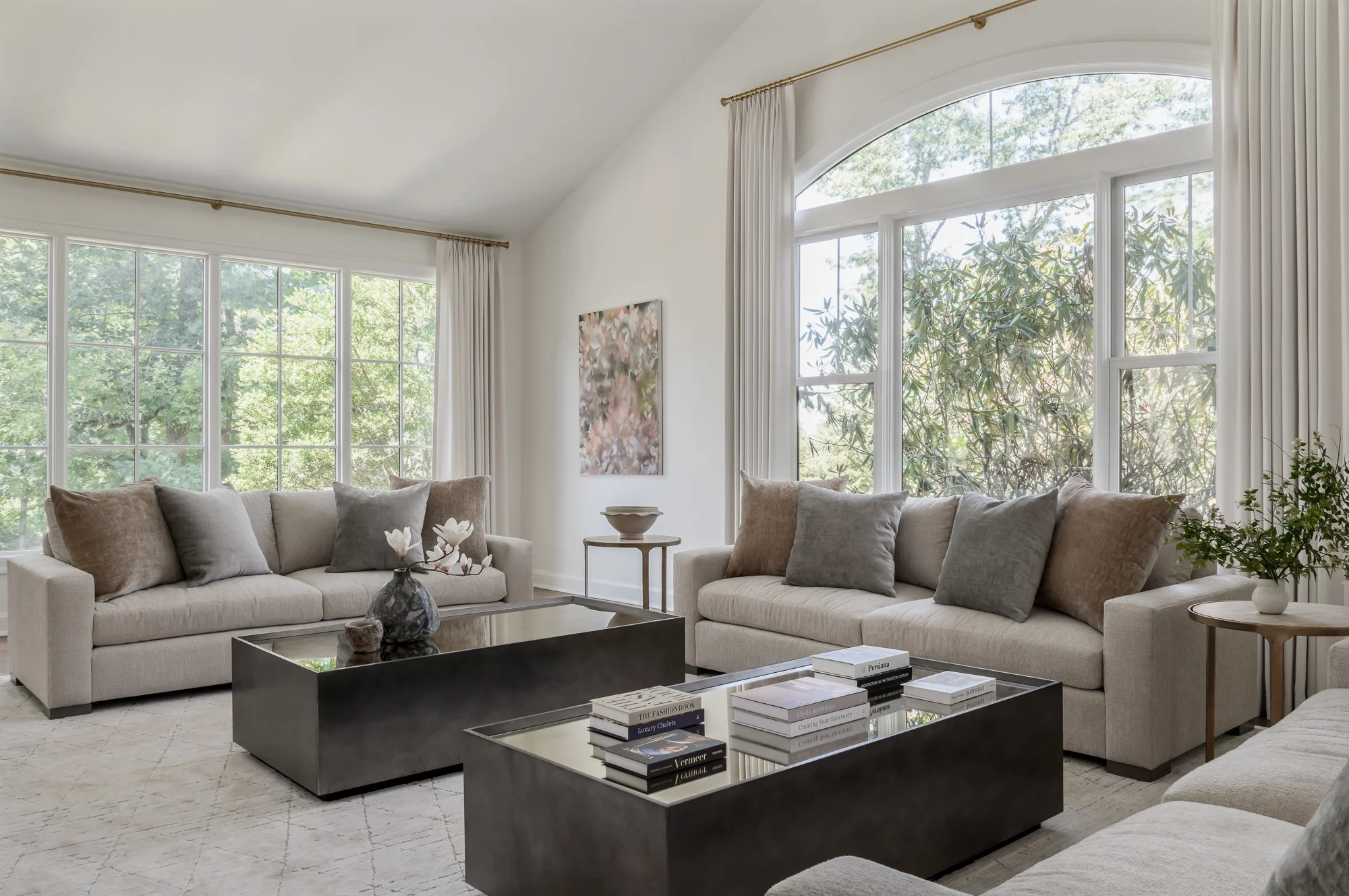 Project Dreamy Short Hills- Light-filled neutral living room design with custom drapery, modern artwork, and layered textures.