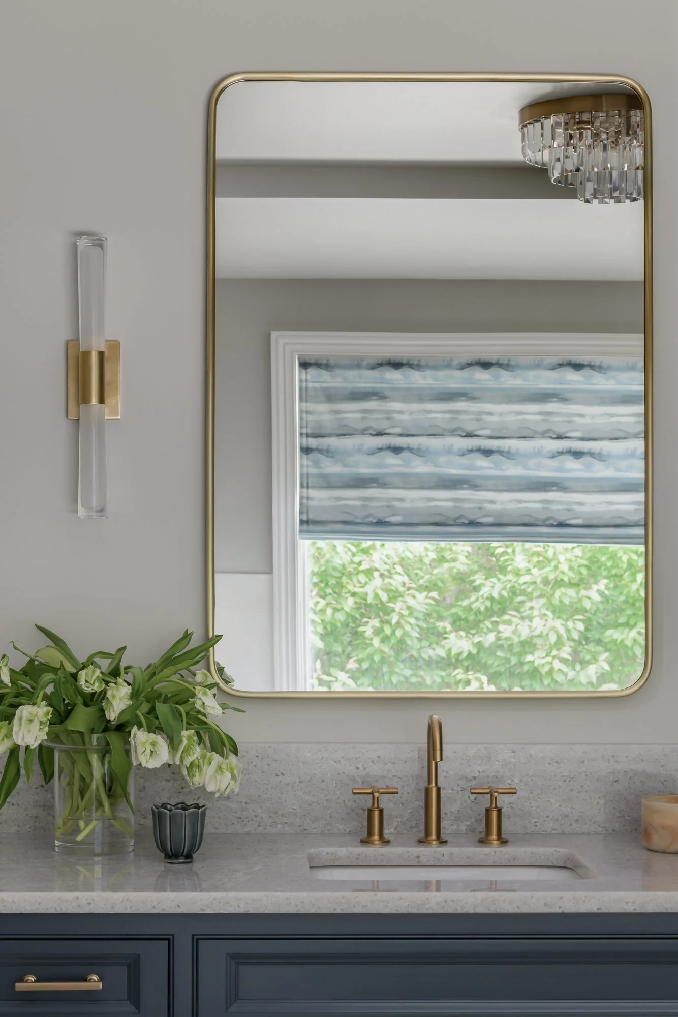 Mirror in luxurious primary bathroom in Chatham, NJ