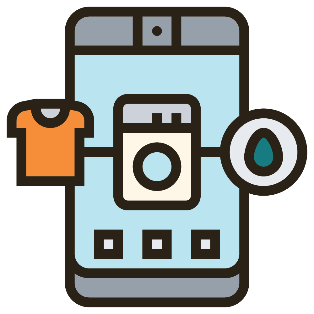 Smartphone with images of a washing machine, a water droplet, a T-shirt, and a washing machine, representing laundry app features.