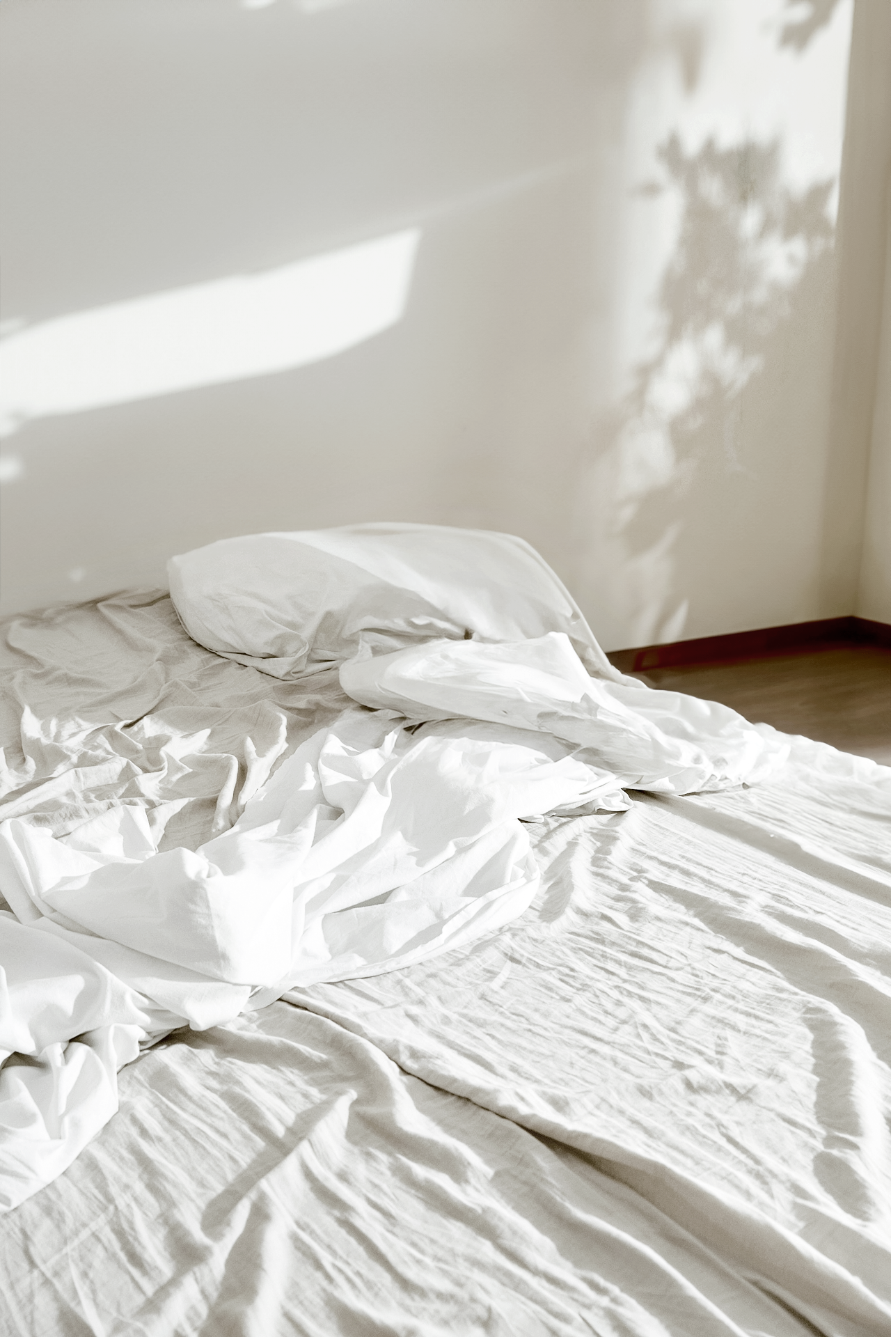 Unmade bed with white sheets and pillow, sunlight casting shadows on wall