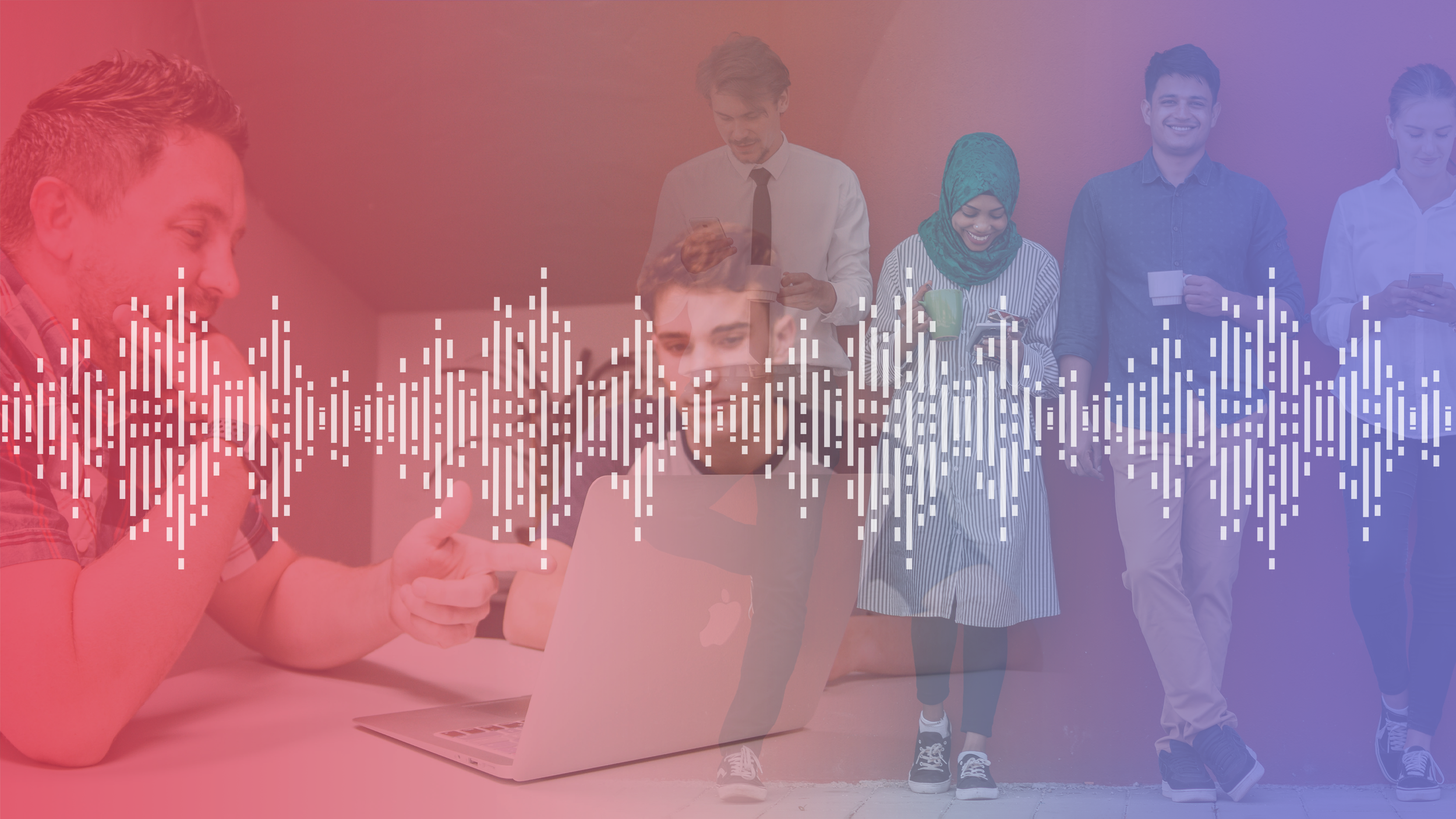 Group of diverse young adults looking at smartphones and laptop, standing or sitting in a casual setting, with colorful overlay and sound wave graphic