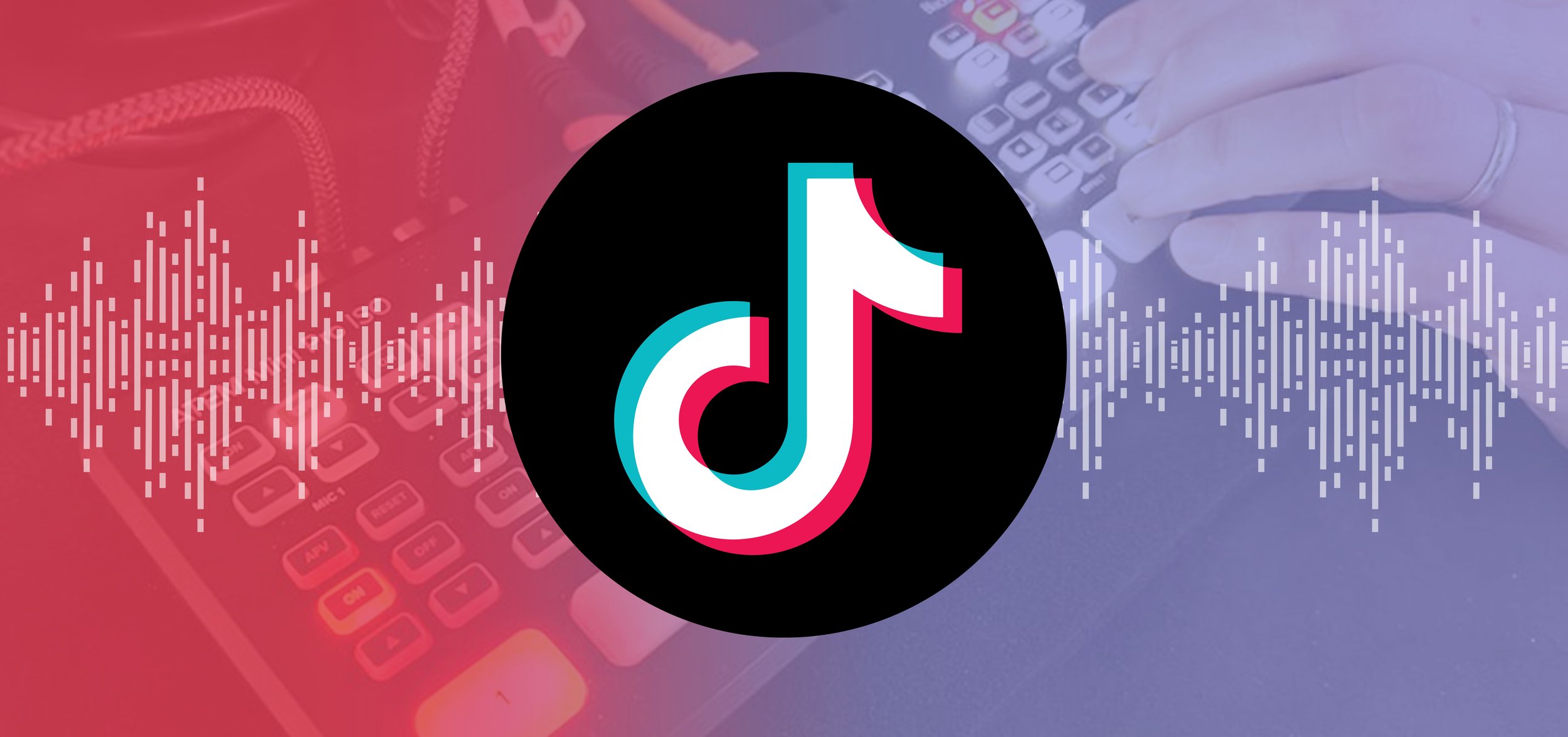 A TikTok logo in the center with a digital audio waveform background, featuring a hand typing on a keyboard and a person adjusting audio equipment.