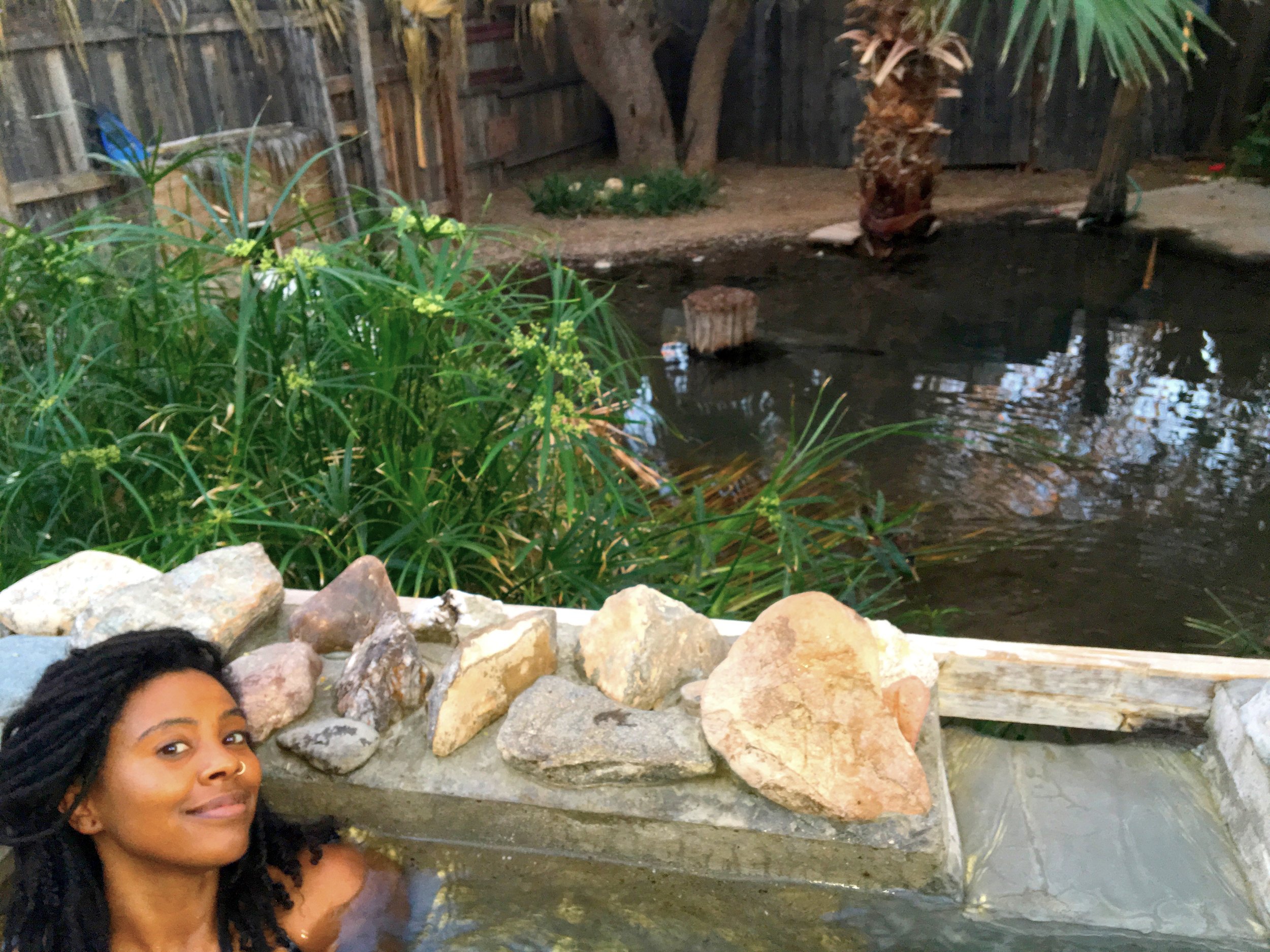 Private soaking tubs at El Dorado Hot Springs surrounded by desert plants and fencing.